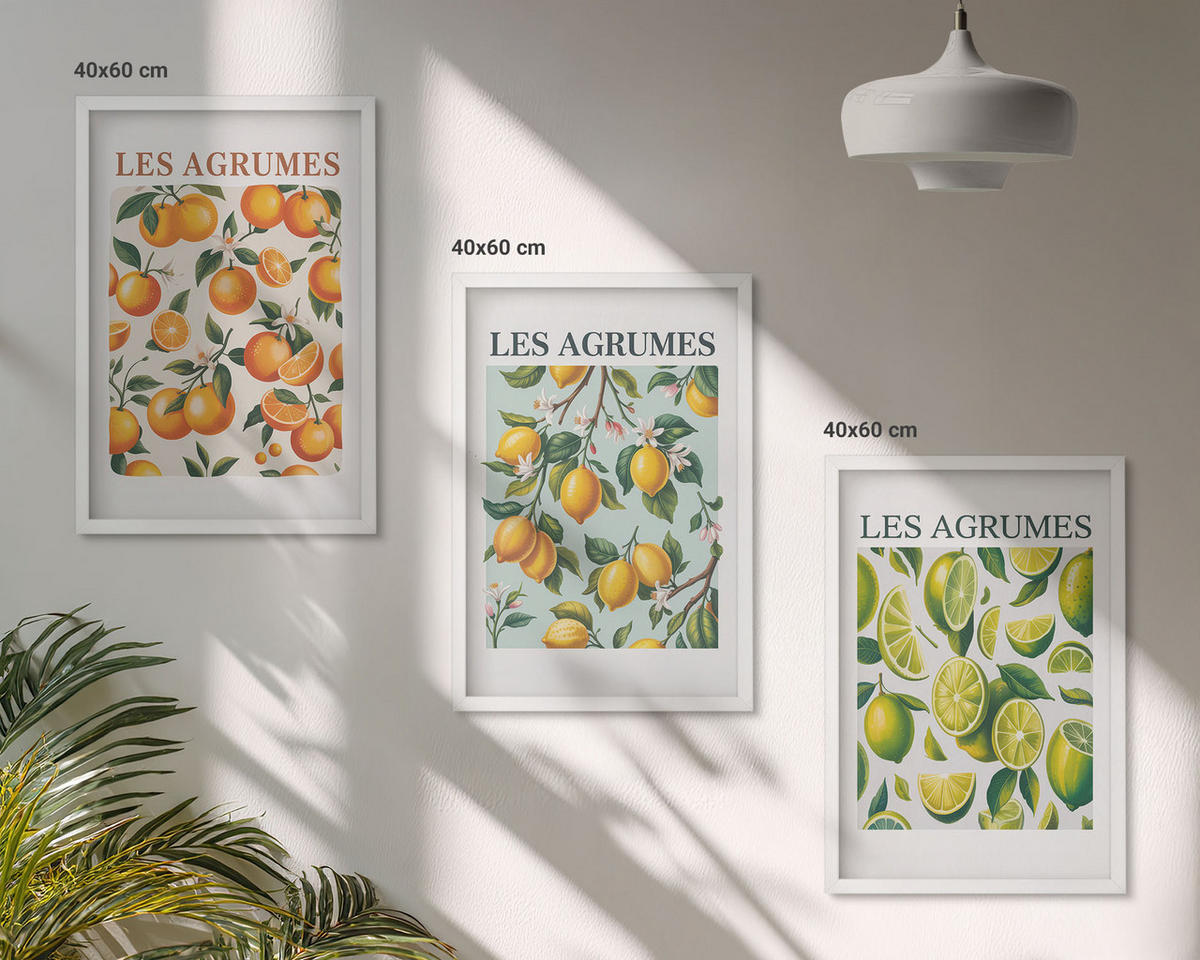 WANDBILDER 3er-Set - 40x60 cm Weißer Rahmen - Fruchtige Zitrus-Pastellmuster - Weiß, Kunststoff (40/60cm) - ArtPrintCave