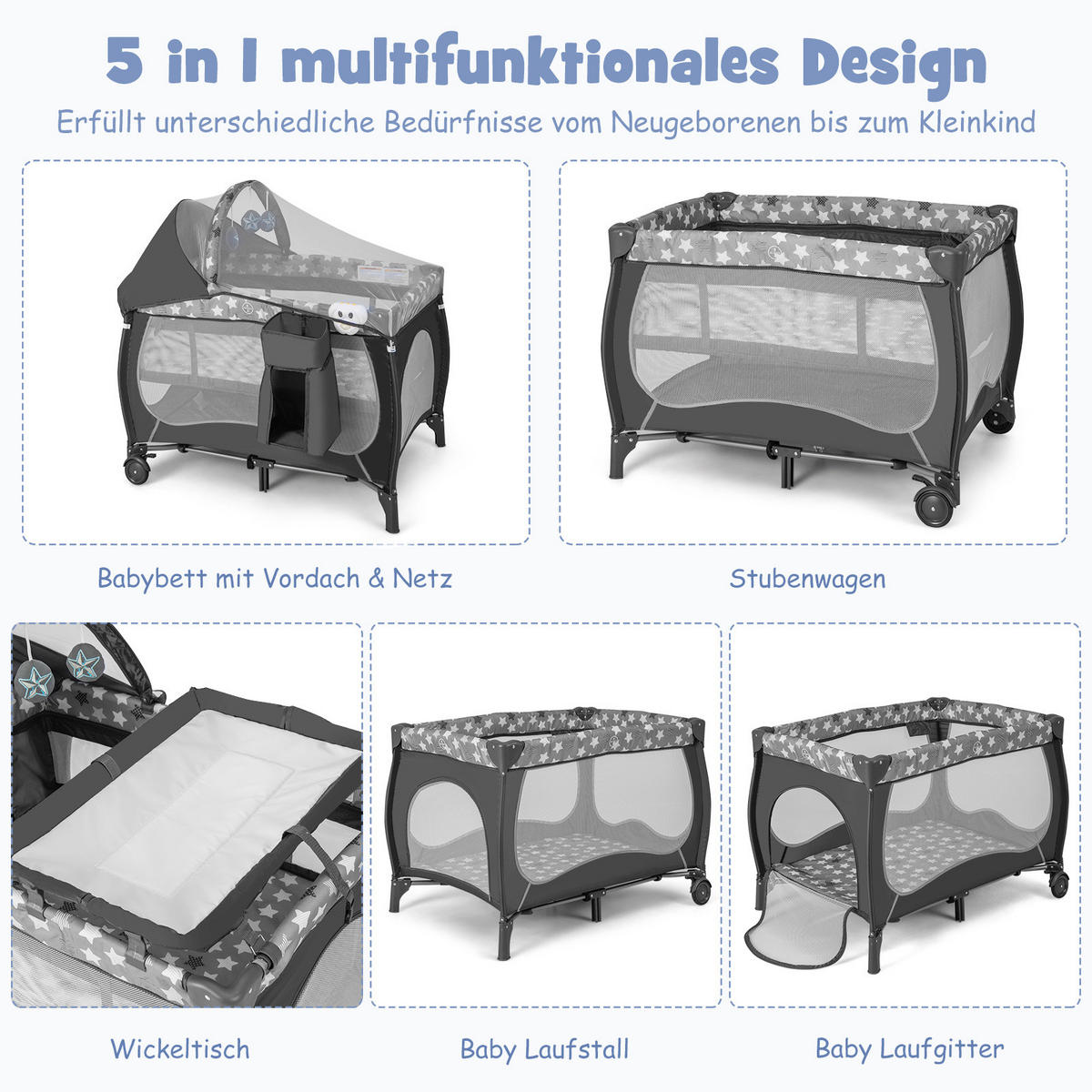 BABYBETT Grau - Grau, Textil - COSTWAY