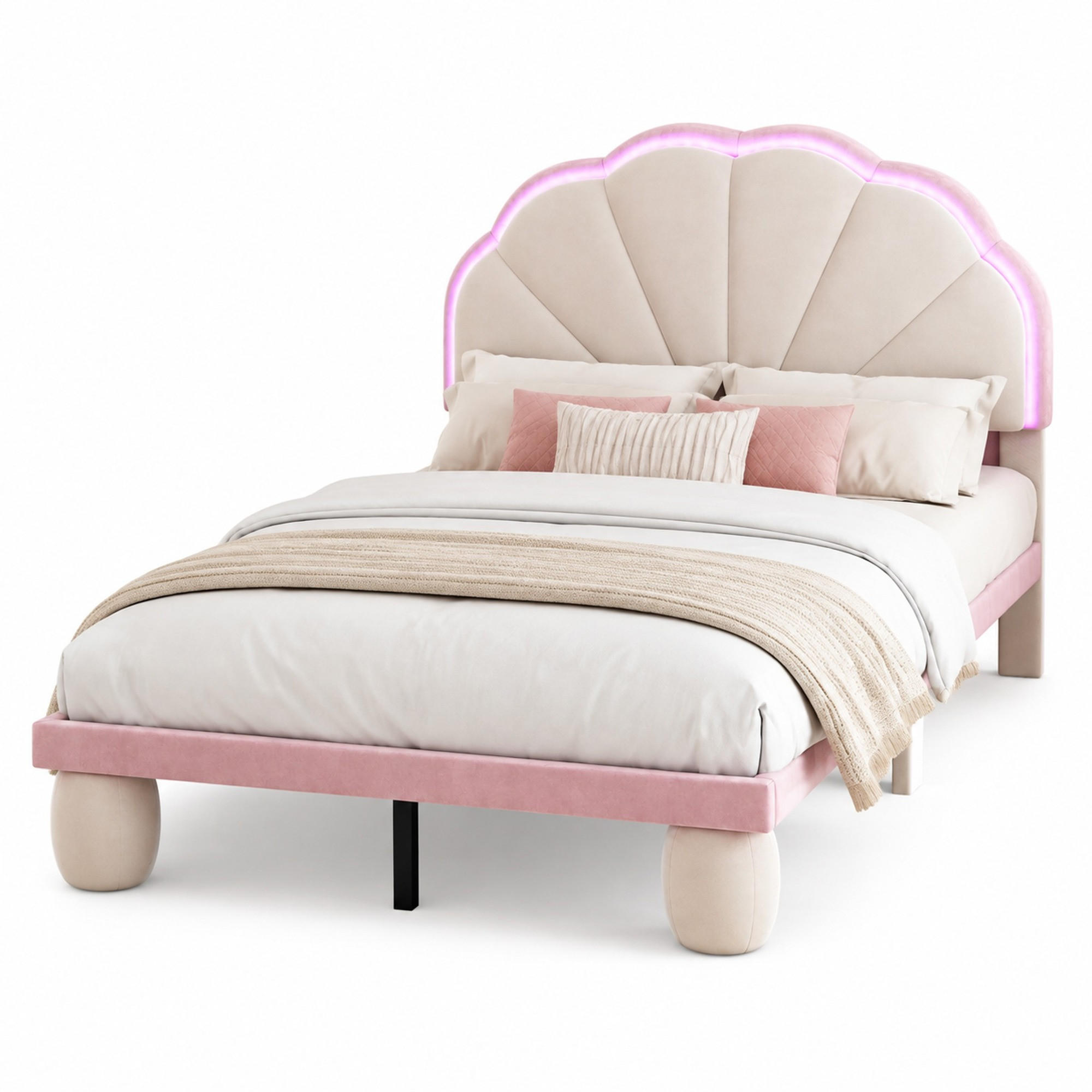 KINDERBETT 90/200 mit LED, Holzlatten und gepolsterten Beinen in Beige und Rosa - Beige/Rosa, Holzwerkstoff/Textil (90/200cm) - EVRYAE