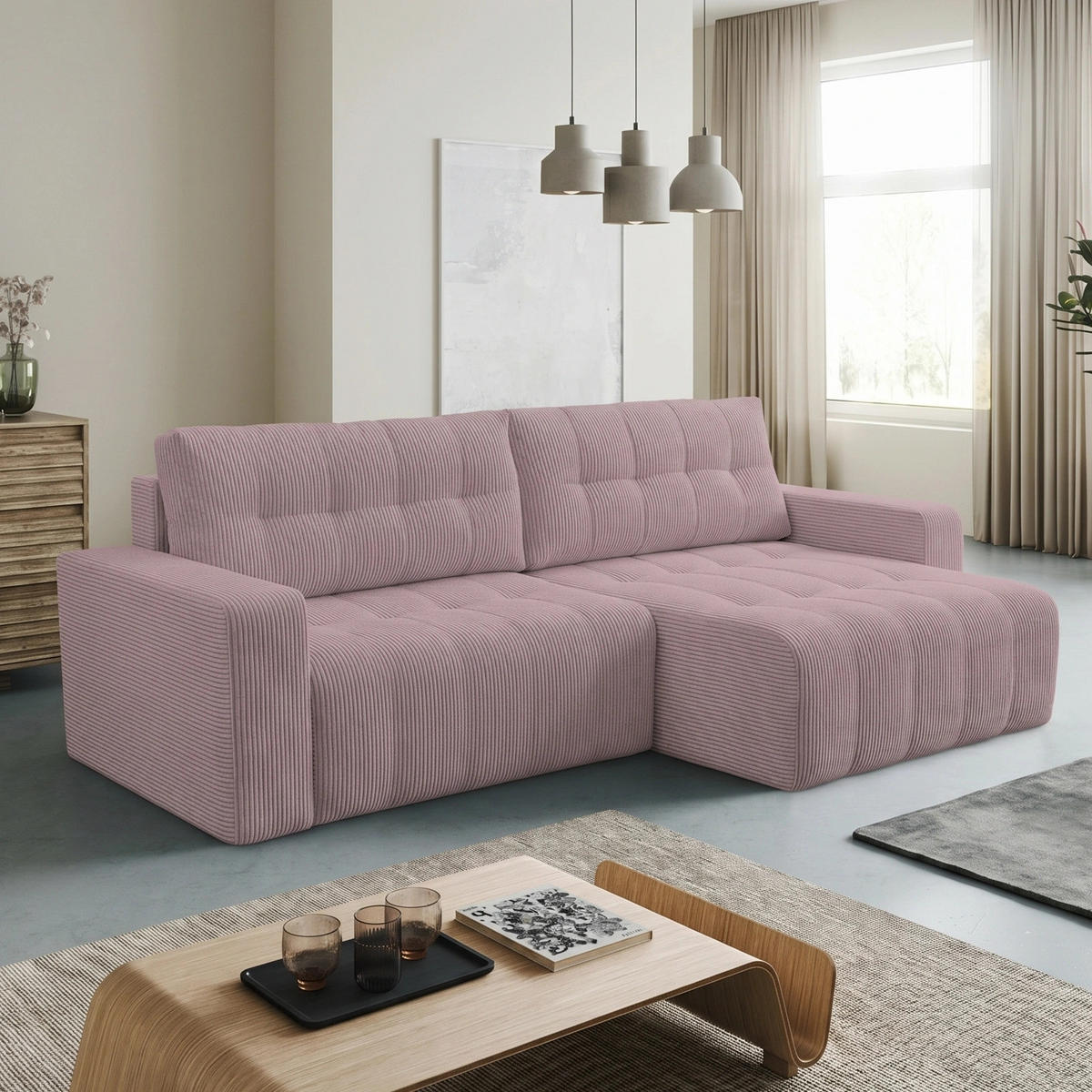 ECKSOFA Palermo mit Schlaffunktion und Bettkasten in Cordstoff - Violett, Holz/Holzwerkstoff (245/143cm) - Ravio