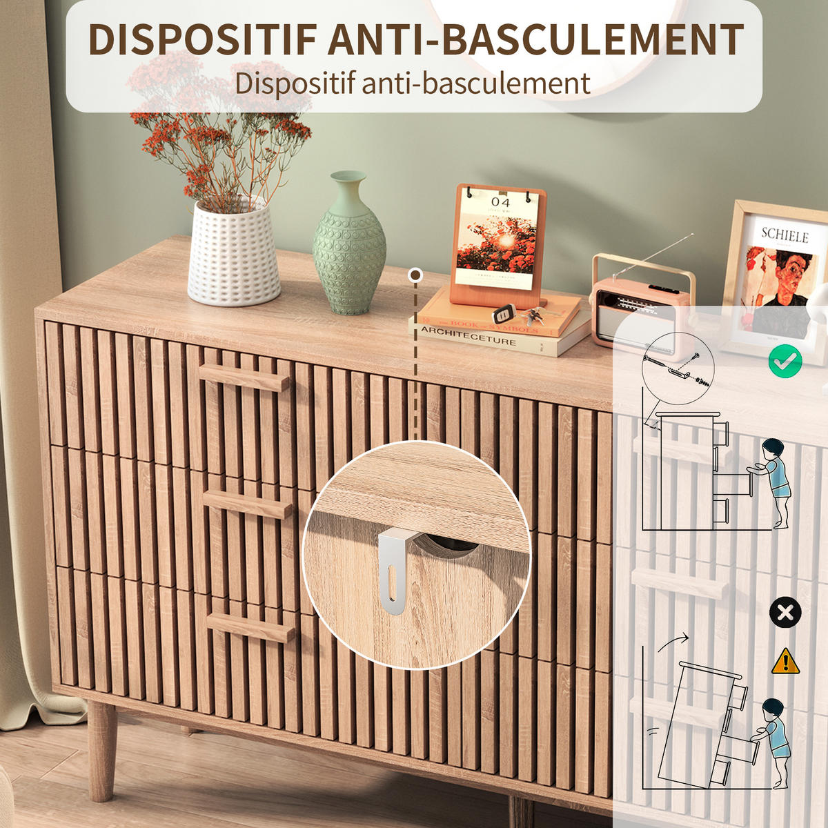 TRÄBYRÅ 6 lådor minimalistisk stor förvaringsvolym - Naturfärgad, Träbaserade material (34/73/100cm) - SHOPENTRA