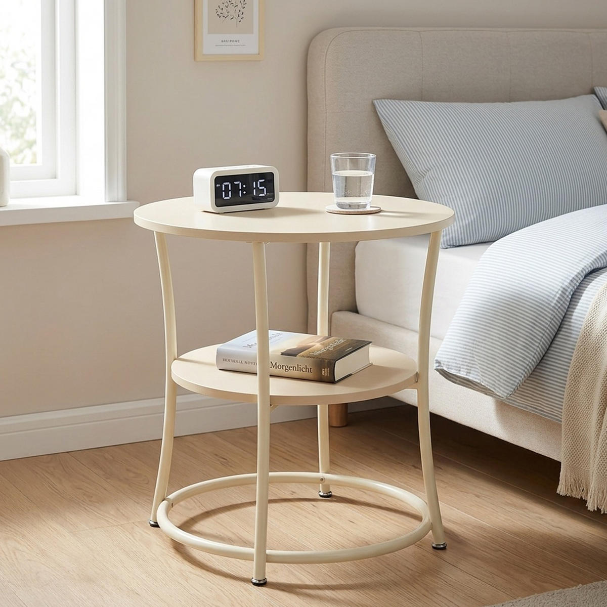 BEISTELLTISCH Creme rund 2 Ablagen 55x55 cm - Creme, Holzwerkstoff/Metall (55/55/55cm) - Relaxdays