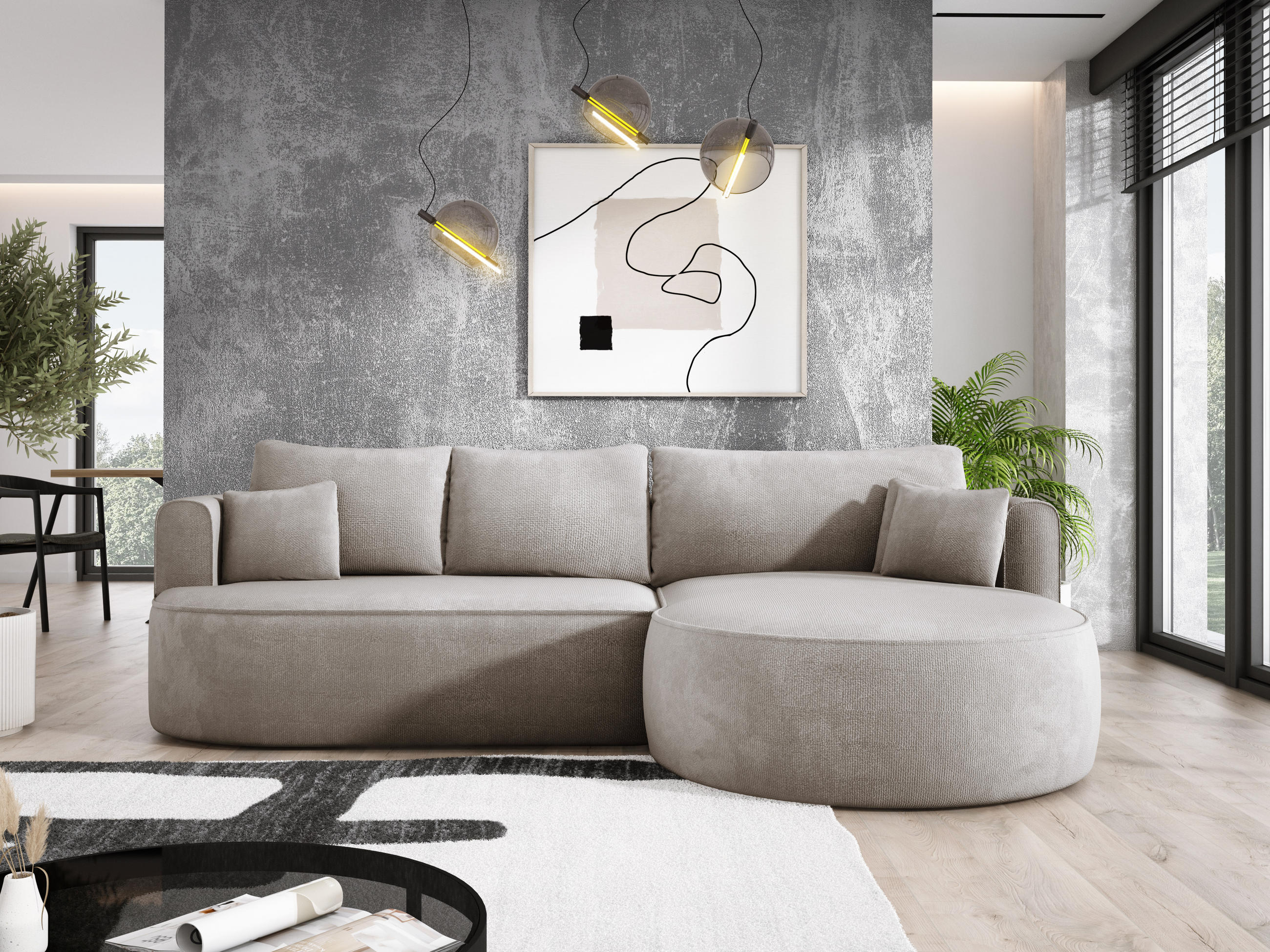 ECKSOFA FIORE-L Moderne Ausziehbare Schlaf-Funktion, automatischer Auffaltung, lose Rückenkissen freistehend RECHTS 284x183x82 cm cm Beige - Beige, Holz/Textil (284/183cm) - DomoHome