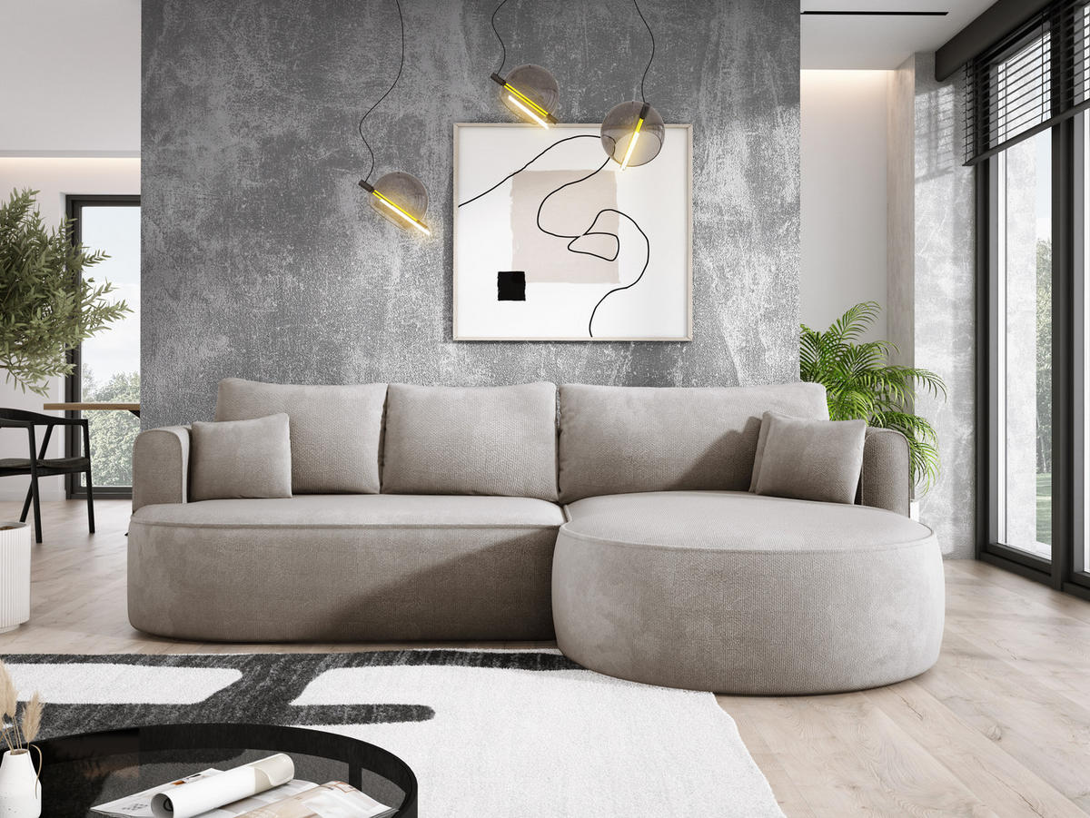 ECKSOFA FIORE-L Moderne Ausziehbare Schlaf-Funktion, automatischer Auffaltung, lose Rückenkissen freistehend RECHTS 284x183x82 cm cm Beige - Beige, Holz/Textil (284/183cm) - DomoHome