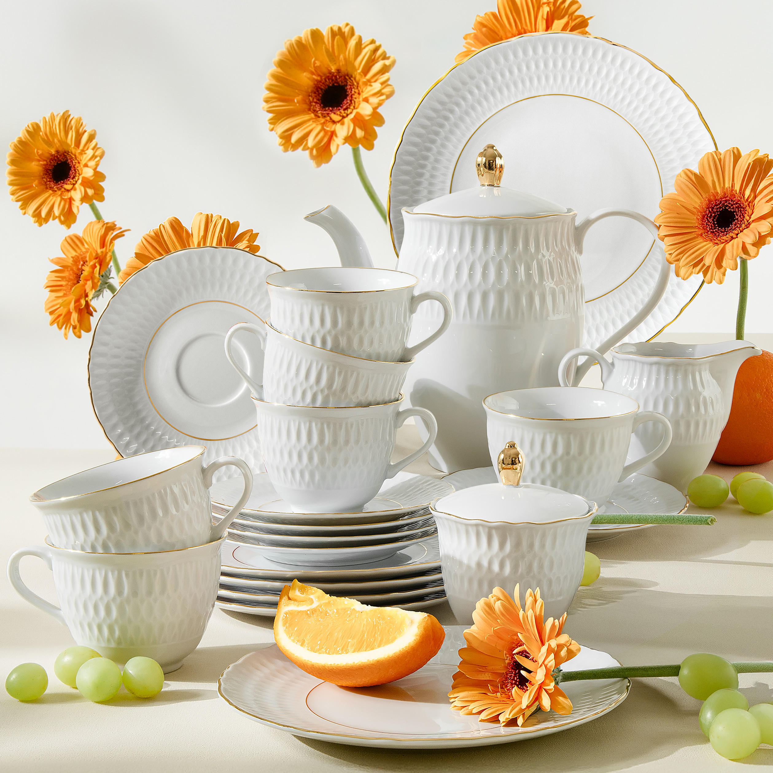 KAFFEESERVICE 6 Personen CMIELOW SOFIA GOLDRAND 21-tlg aus Porzellan - Weiß, Keramik (21/22/21cm) - KONSIMO®