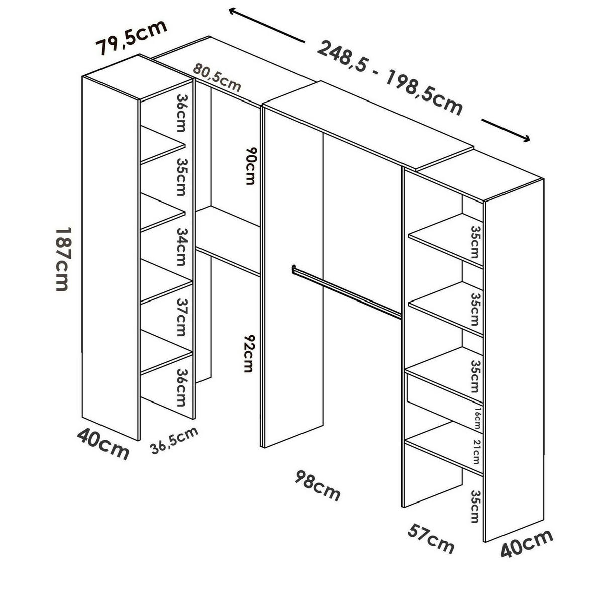 OFFENER KLEIDERSCHRANK Holz-Effekt Eiche 79.4x248h187 - Braun, Holzwerkstoff (248/187/79.4cm) - DMORA