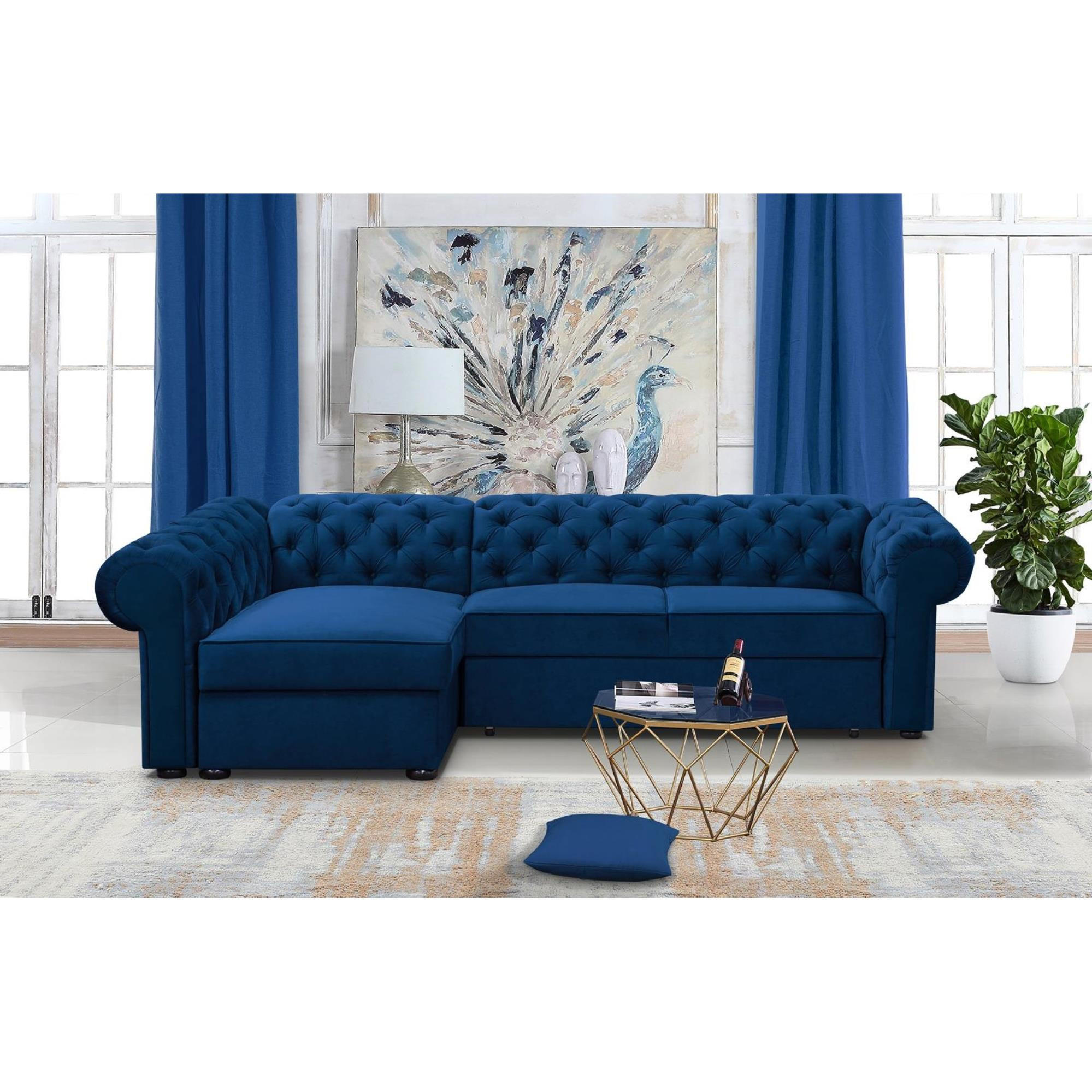 ECKSCHLAFSOFA Chester im Chesterfield-Stil, Dunkelblau, links - Schwarz/Dunkelblau, Textil (278/173cm) - Beautysofa