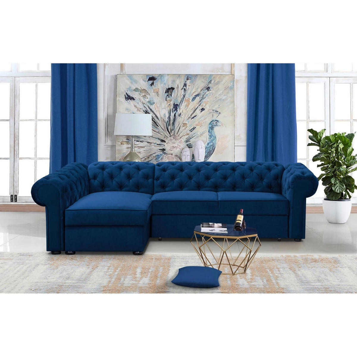 ECKSCHLAFSOFA Chester im Chesterfield-Stil, Dunkelblau, links - Schwarz/Dunkelblau, Textil (278/173cm) - Beautysofa