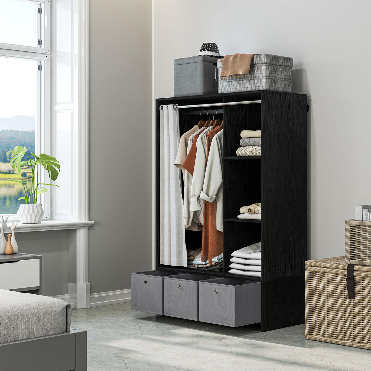 STOFFSCHRANK DE-17181 Schwarz - Schwarz, Holzwerkstoff (48/160/105cm) - ComfortXL