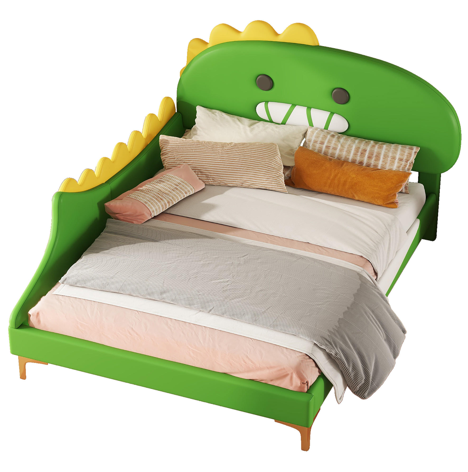 KINDERBETT 140/200 cm Dinosaurier Form PU Material Grün - Grün, Leder (140/200cm) - OKWISH