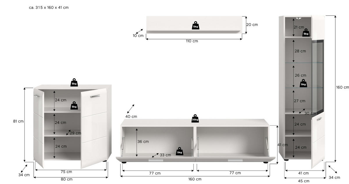 WOHNWAND weiß Hochglanz 4-teilig 315 cm, Schrankwand mit viel Stauraum - Weiß Hochglanz/Silberfarben, Glas/Holzwerkstoff (315/160/41cm) - Inn.Furn