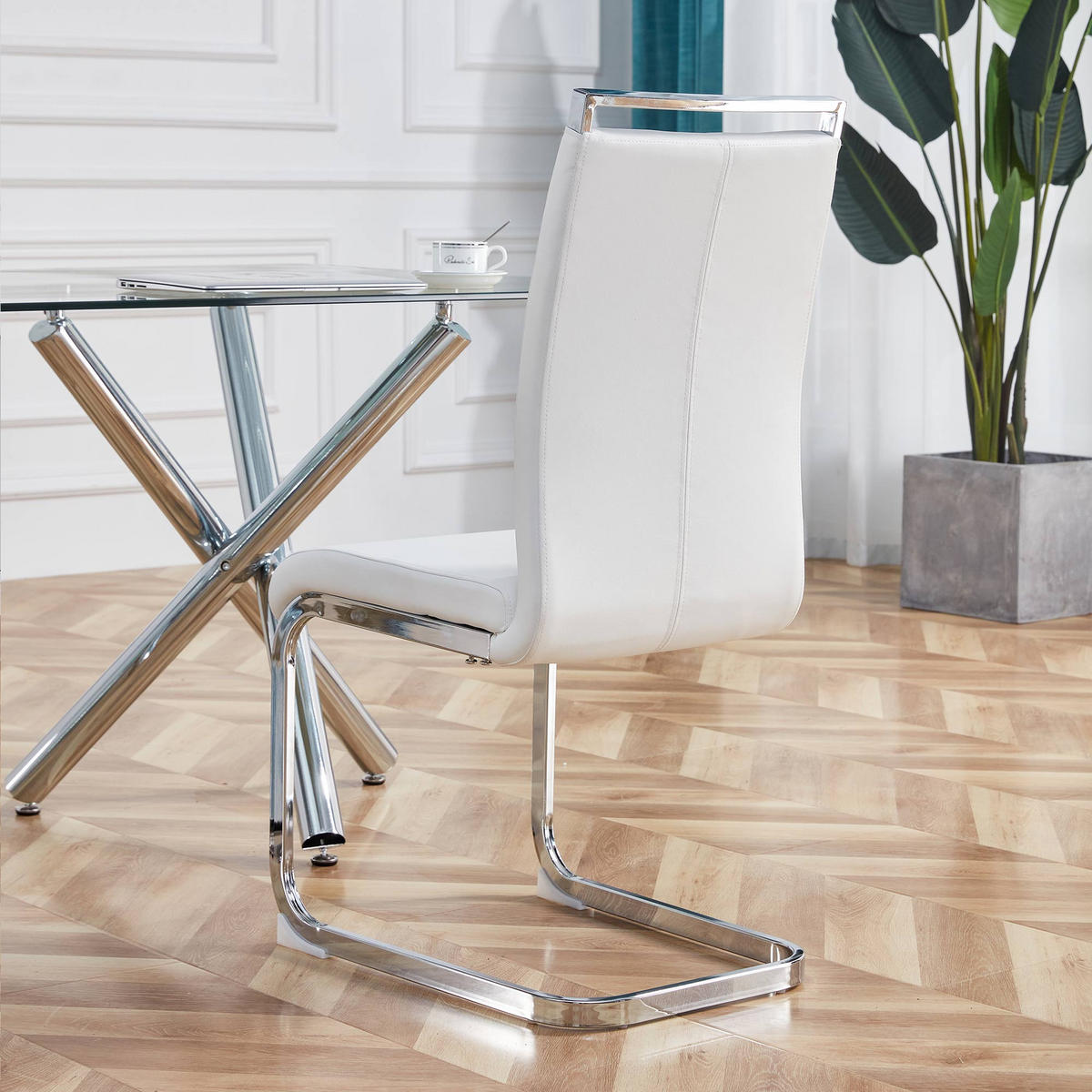 FREISCHWINGER 4er Set Kunstleder Weiß Metallgestell 120kg - Weiß, Leder (42/100/54cm) - FLIEKS