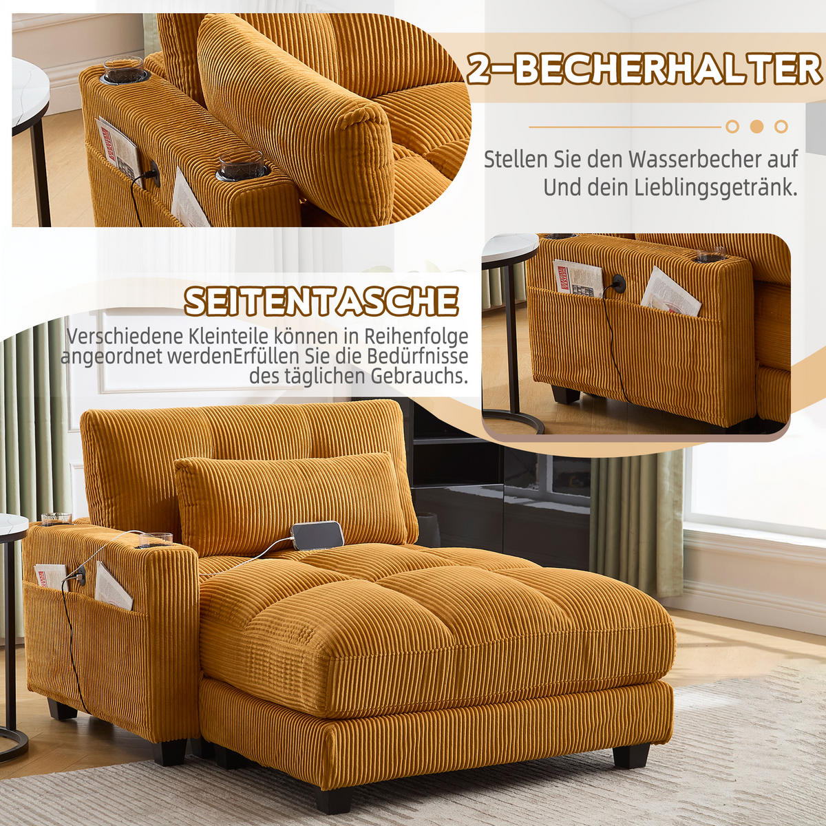 RÉCAMIERE Cord Senfgelb mit USB, Getränkehaltern und Seitentasche - Orange, Holzwerkstoff/Kunststoff (140/81/121cm) - WISHDOR