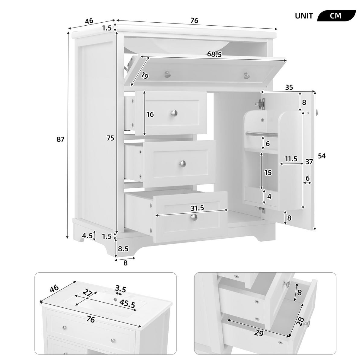 WASCHTISCH,BADEZIMMERMÖBEL mit Keramikbecken Weiß 4 Schubladen - Weiß, Holz/Metall (76/87/46cm) - PARAFTA HOME