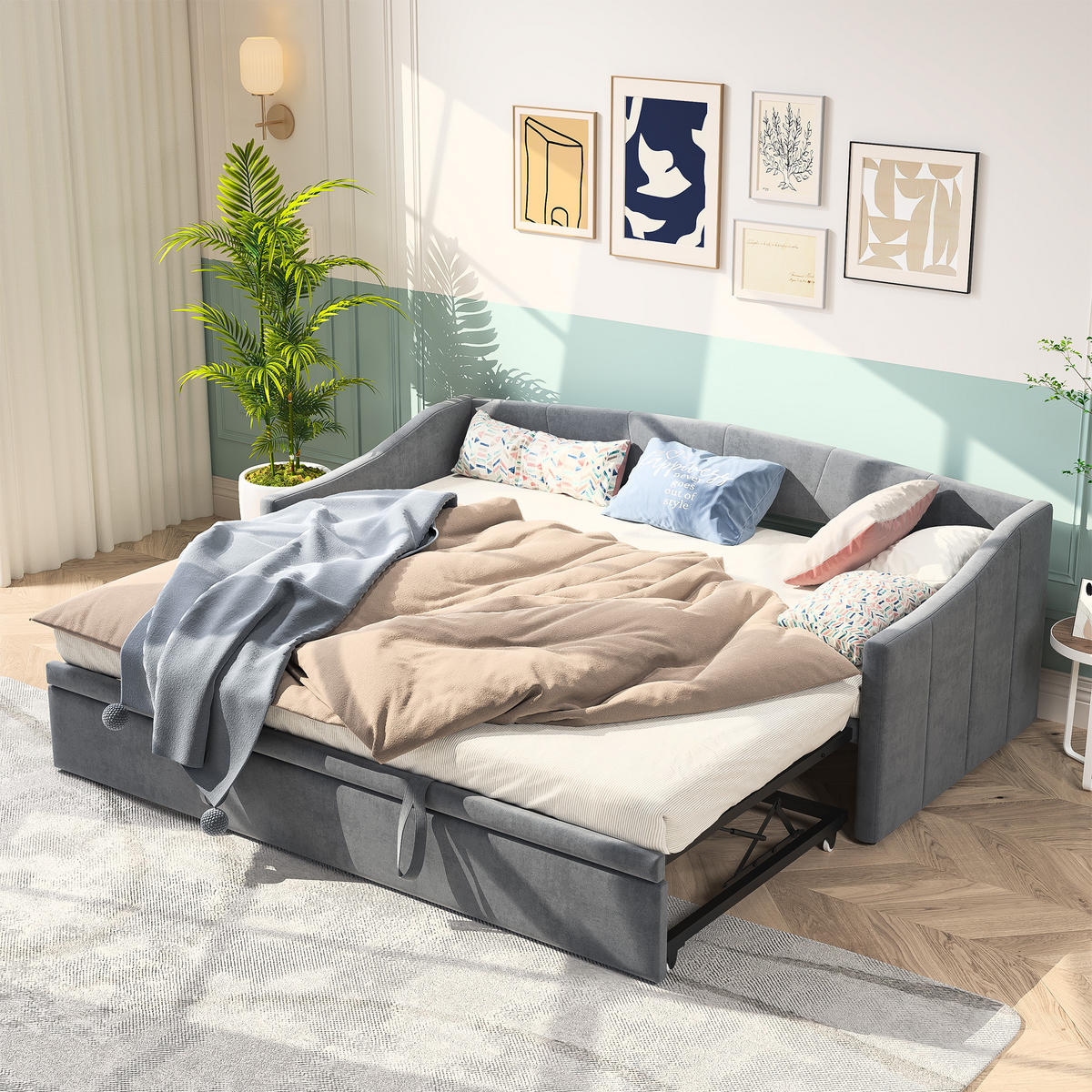 SCHLAFSOFA 90/180x200 cm Tagesbett aus Samt, ausziehbar - Grau, Holz/Metall (180/200cm) - PARAFTA HOME