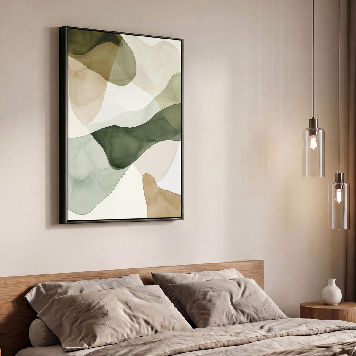 LEINWAND Bilder mit Rahmen - Japandi - Abstrakt - Grün - 70x100 - Salbeigrün, Textil (70/100cm) - MuchoWow