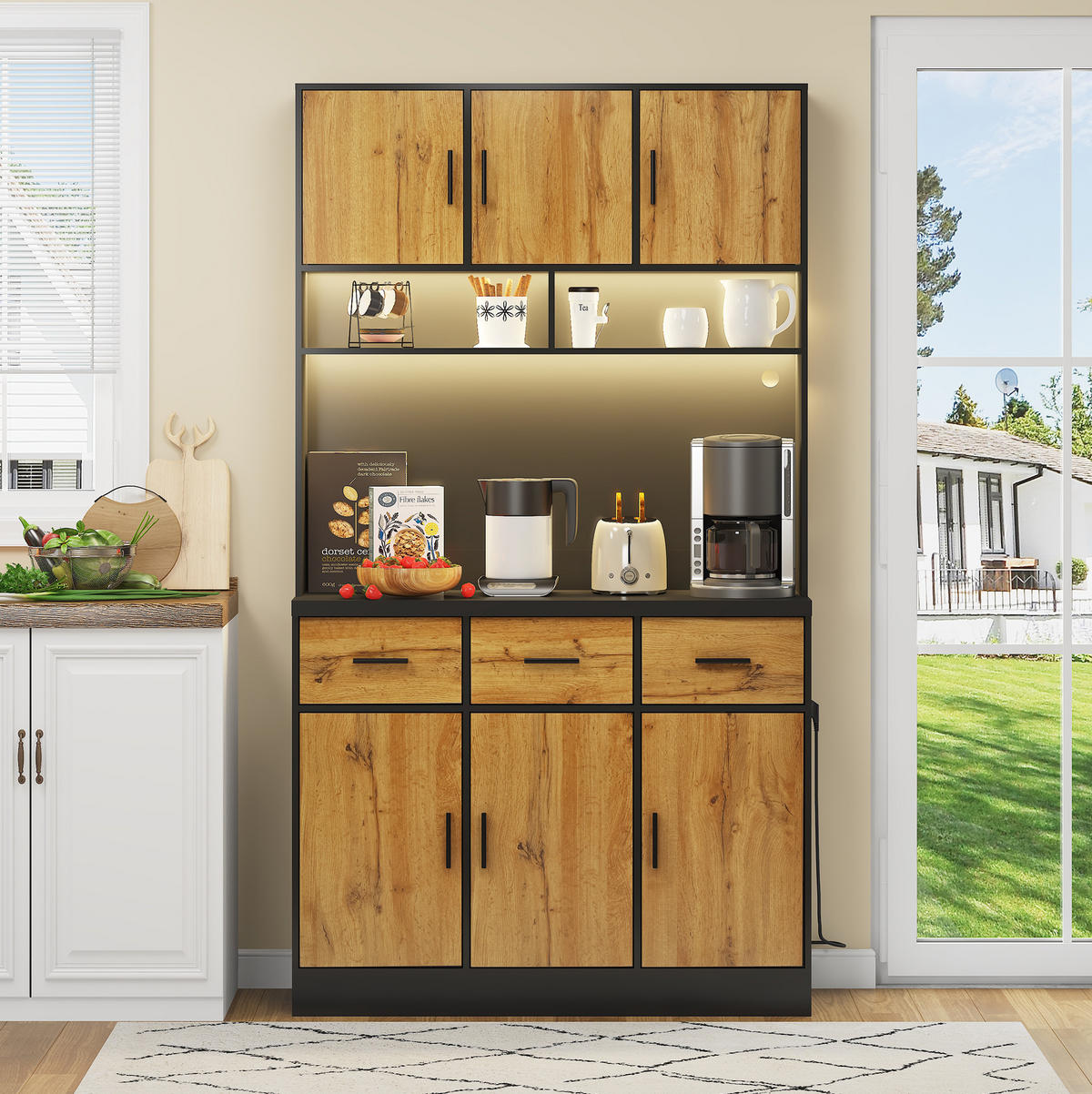 BUFFETSCHRANK 100/40/180 cm schwarz/natur aus MDF mit LED - Schwarz, Holzwerkstoff (100/180/40cm) - OKWISH