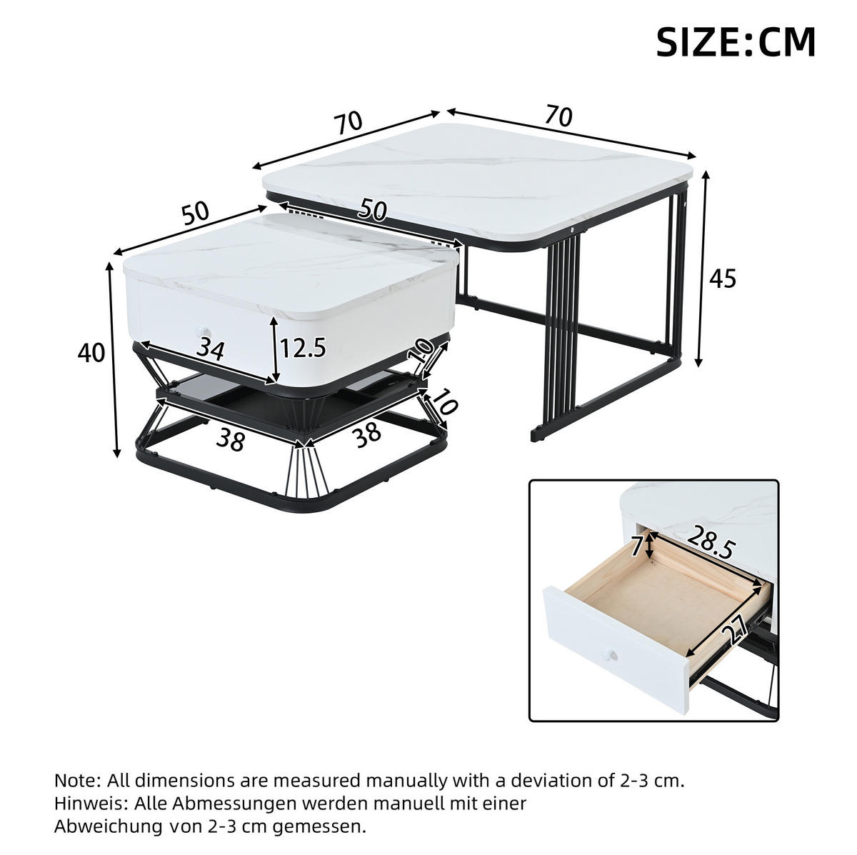 SADA konferenčních stolků 70/70/45 cm bílá/černá z MDF a kovu se zásuvkou - bílá, sklo (70/70/45cm) - OKWISH