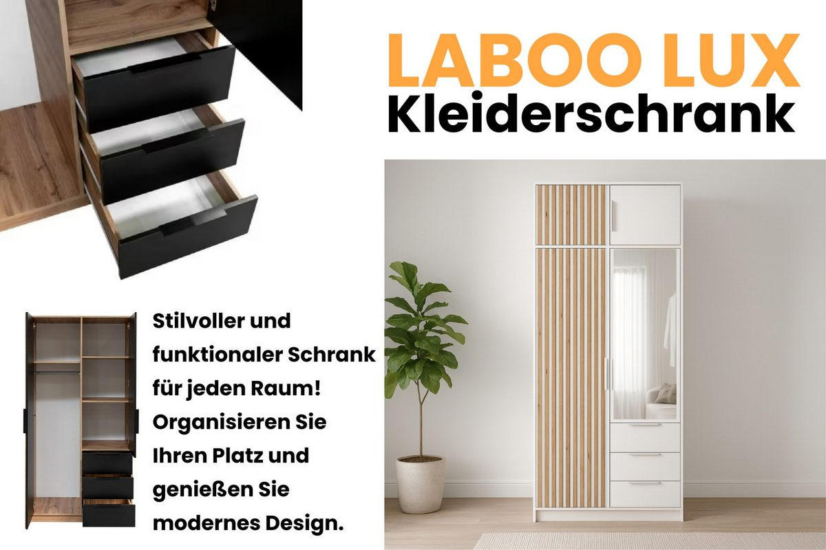 DREHTÜRENSCHRANK LABOO LUX 100/200/58 cm in Weiß mit Lamellen und Aufsatz - Weiß, Holzwerkstoff (100/245/58cm) - Deine Möbel 24