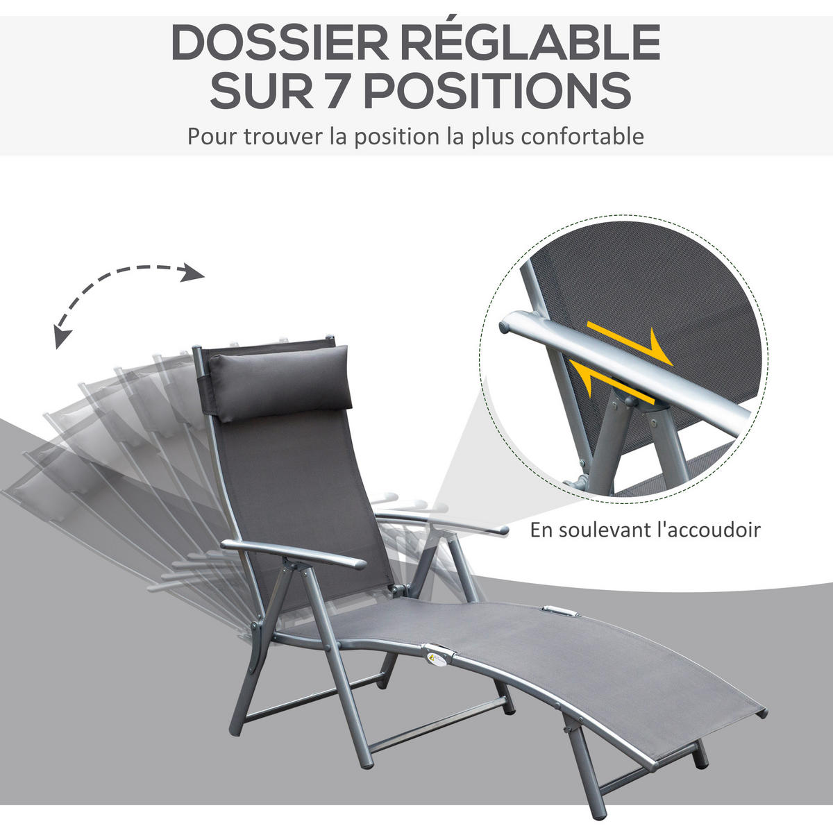 SONNENLIEGE DE-13550 7-fach verstellbar mit Kopfstütze Grau - Grau, Metall (63.5/100.5/137cm) - ComfortXL