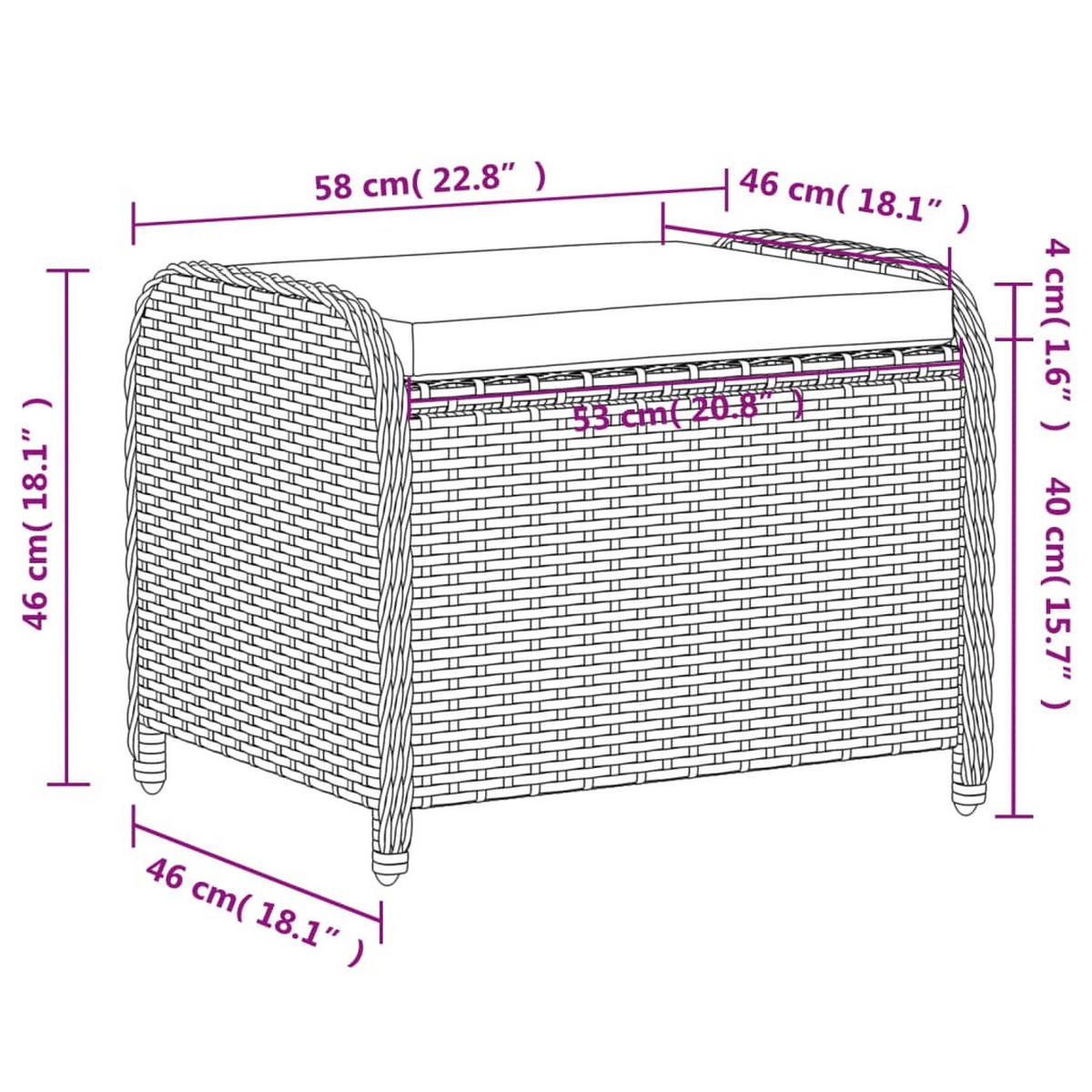 GARTENHOCKER Mit Kissen Grau 58/46/46 Cm Poly Rattan - Grau, Kunststoff (58/46/46cm) - vidaXL