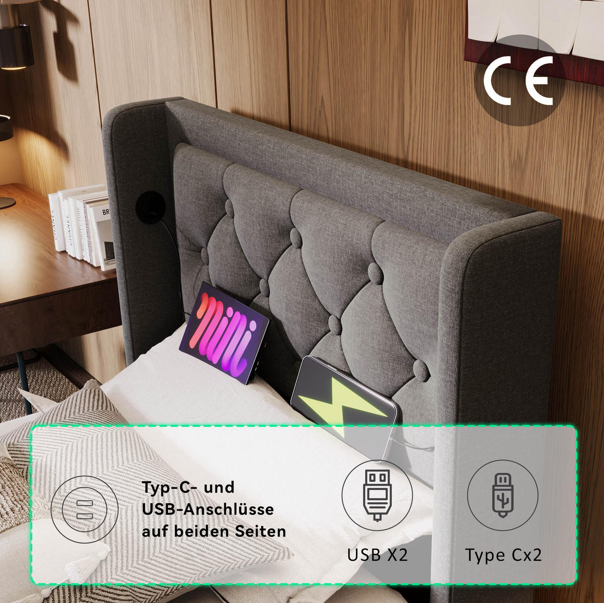 POLSTERBETT 90/200 cm Grau aus Baumwolle mit Stauraum und LED - Grau, Textil (90/200cm) - OKMYHOME