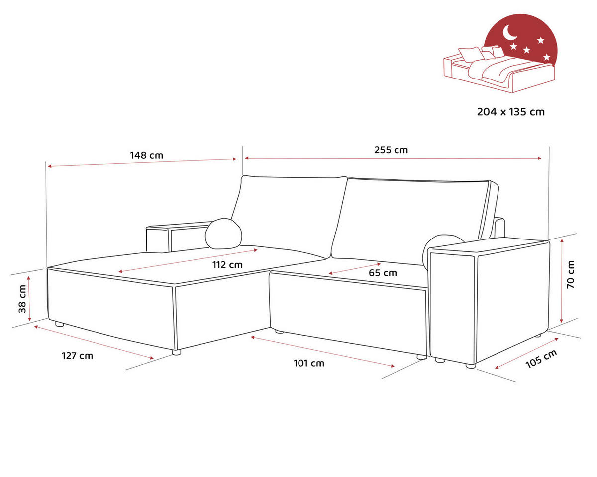 ECKSOFA HUGO Rechts, mit Schlaffunktion und Bettkasten, Dunkelgrau - Dunkelgrau, Textil (255/148cm) - Idohome