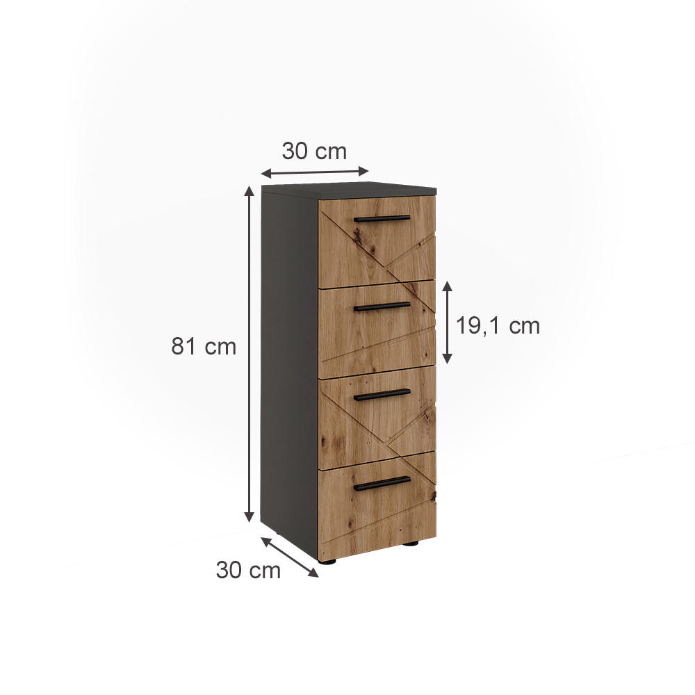 MIDISCHRANK Irma Anthrazit/Artisan 30 x 81 cm mit 4 Schubladen - Anthrazit/Eiche Artisan, Holzwerkstoff (30/81/30cm) - Vicco