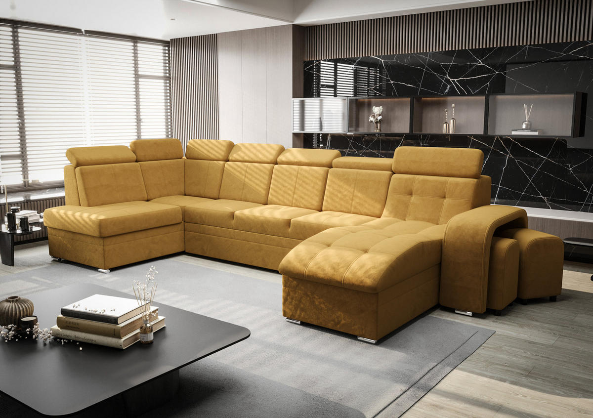 WOHNLANDSCHAFT KONGO RBN13, Eckcouch in U-Form mit Schlaffunktion, Farbe: Gelb, Velourstoff, Ottomane Rechts - Gelb, Textil (392/108/180cm) - O-Sofa