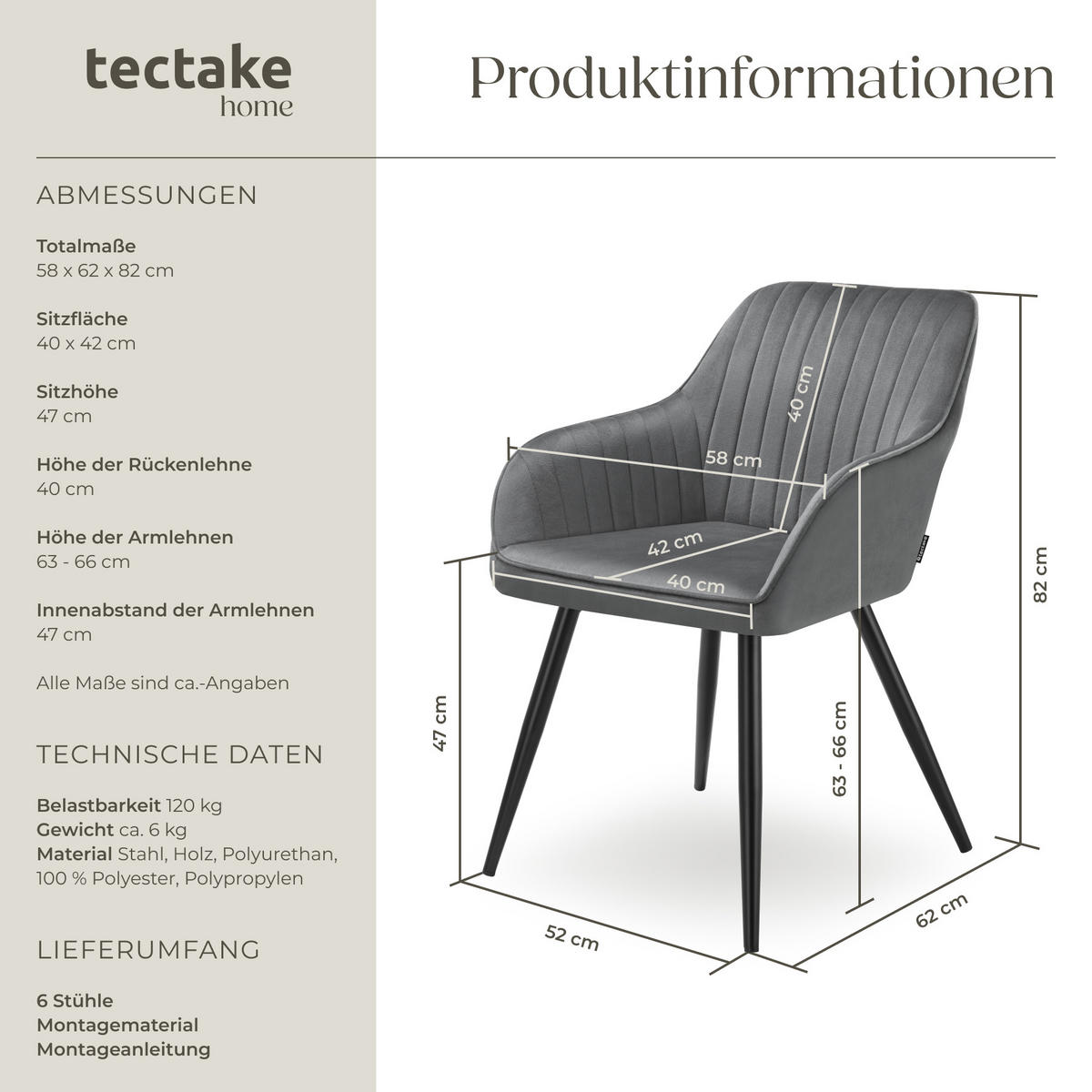 ESSZIMMERSTUHL 6er Set Marilyn 58 x 62 x 82 cm grau/schwarz - Schwarz/Grau, Metall (58/82/62cm) - tectake