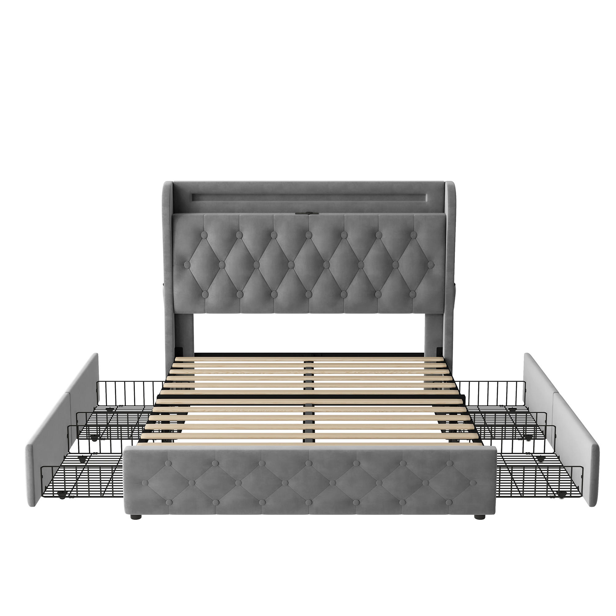 POLSTERBETT 140x190 cm LED USB Schubladen Samt - Grau, Textil (140/190cm) - LEBENLANG