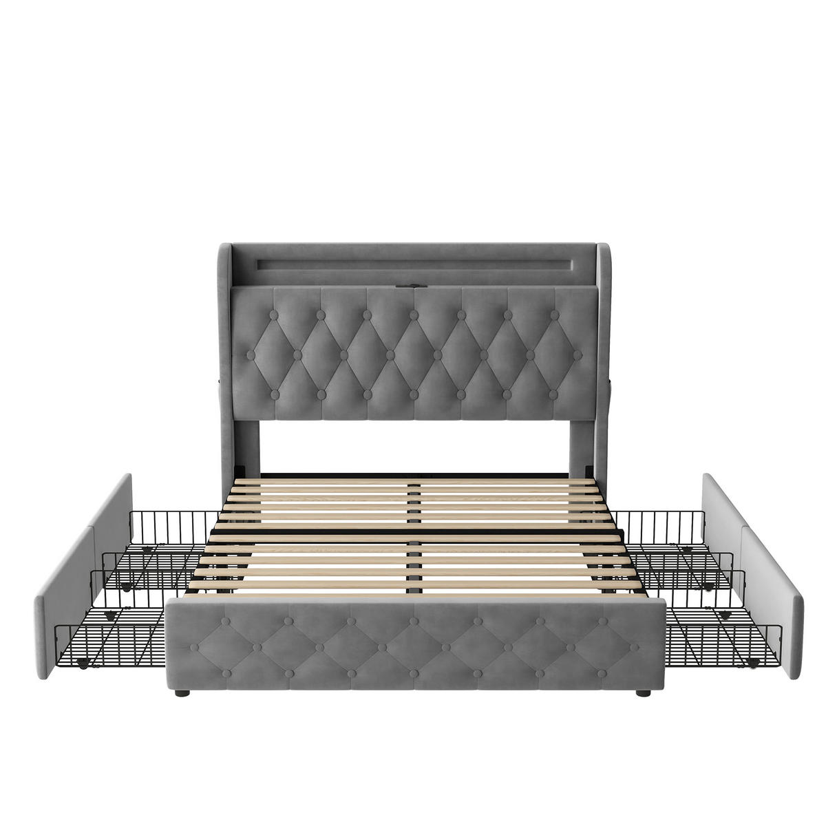 POLSTERBETT 140/190 cm Grau aus Samt mit LED-Beleuchtung und USB- und Type-C-Anschlüssen - Grau, Textil (140/190cm) - OKWISH