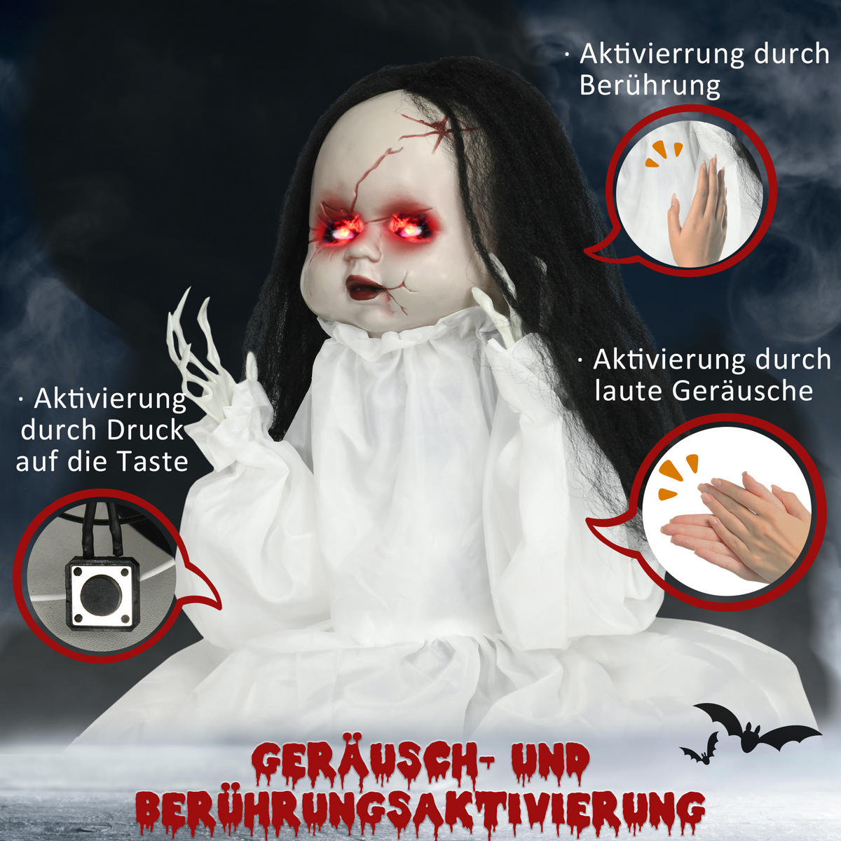 HALLOWEEN HORROR-CLOWN, Weiß, Polyester, PE, Stahl - Weiß, Kunststoff (15/60/60cm) - HOMCOM