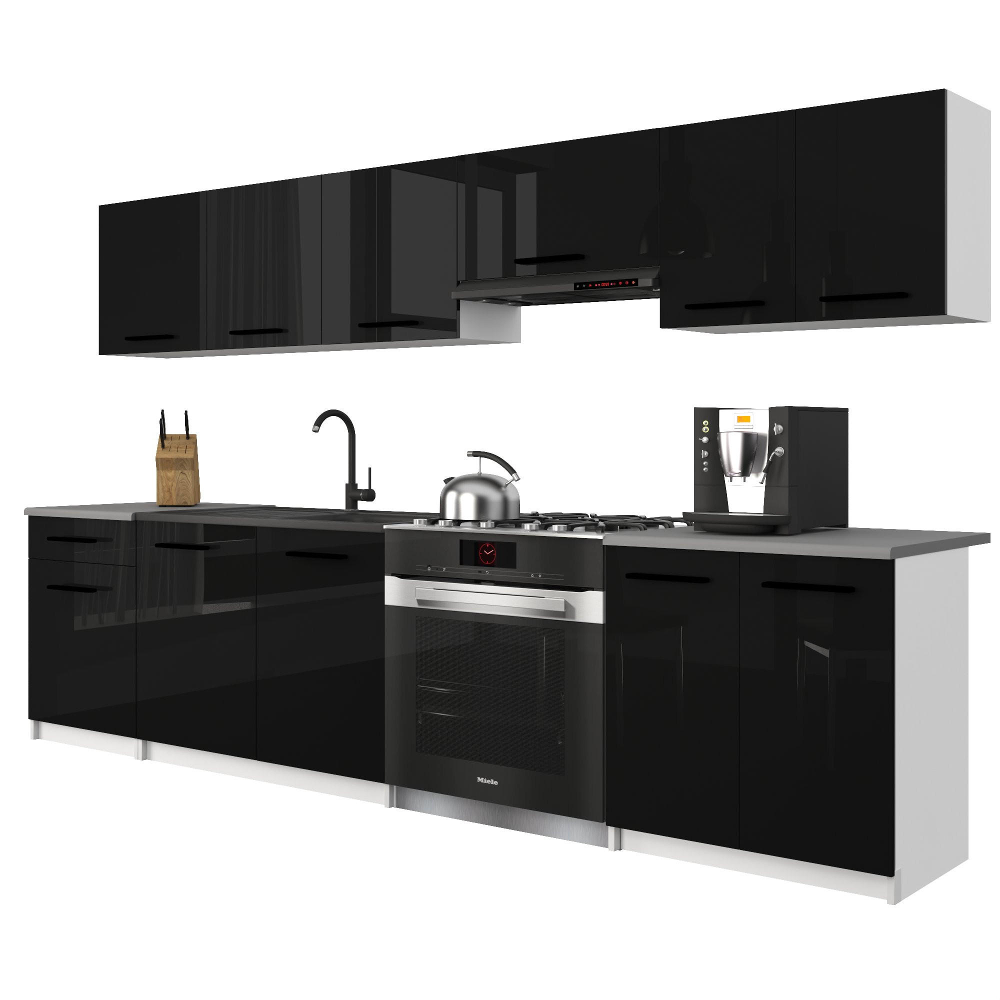 KÜCHENZEILE Italia 2 240 cm, mit Arbeitsplatten, Schwarz Hochglanz - Schwarz Hochglanz, Holz (240/143/60cm) - B BELINI GROUP
