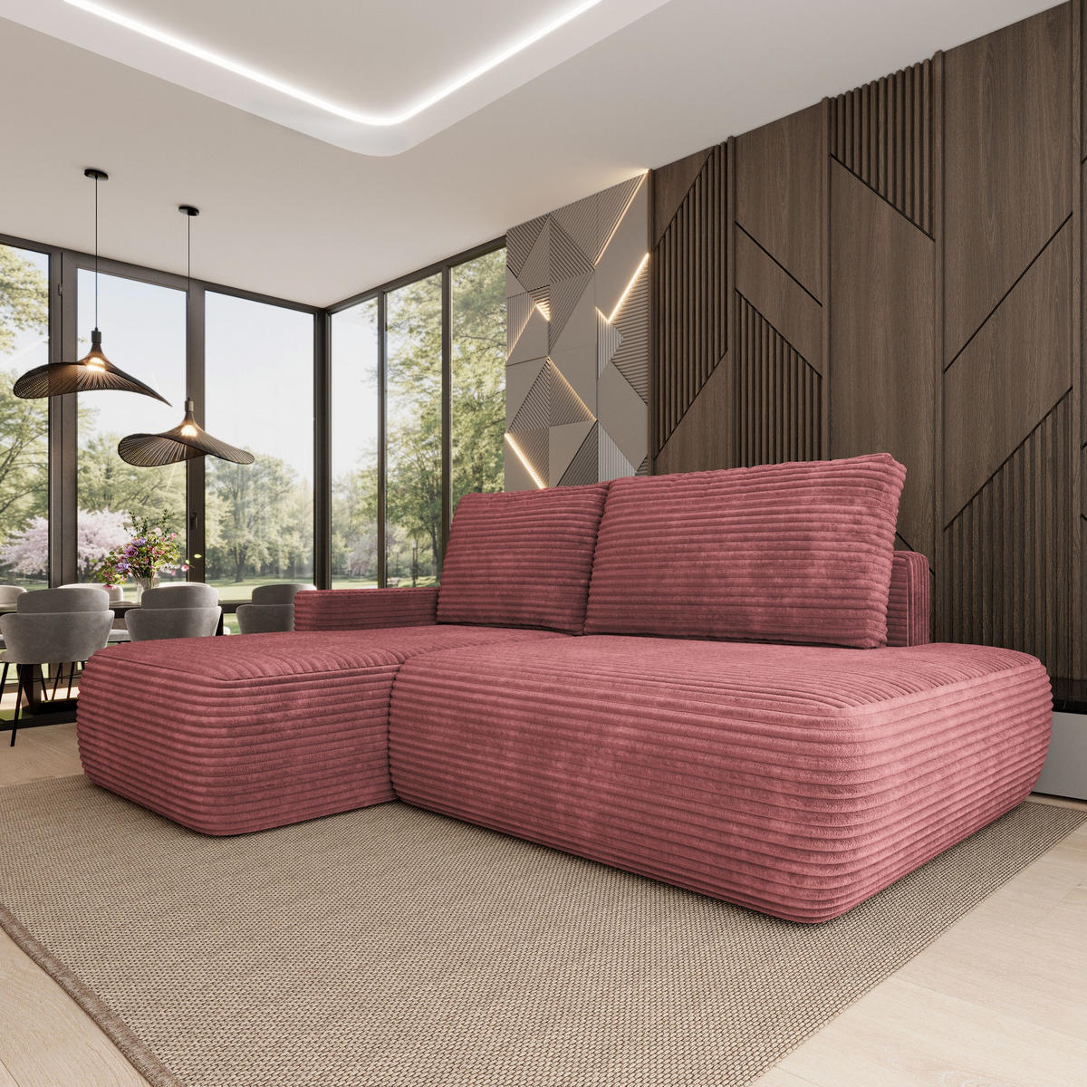 ECKSOFA AVINI T L-S Rosa Kordstoff mit Schlaffunktion - Rosa, Holzwerkstoff/Textil (277/160cm) - MASSENO