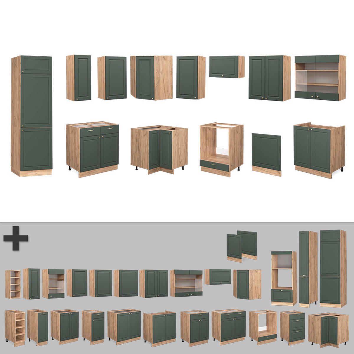ECKKÜCHE Fame-Line Grün-Gold Landhaus/Goldkraft Eiche 227 x 287 cm AP Anthrazit - Honigeiche/Grün, Holzwerkstoff (227/81.6/60cm) - Vicco