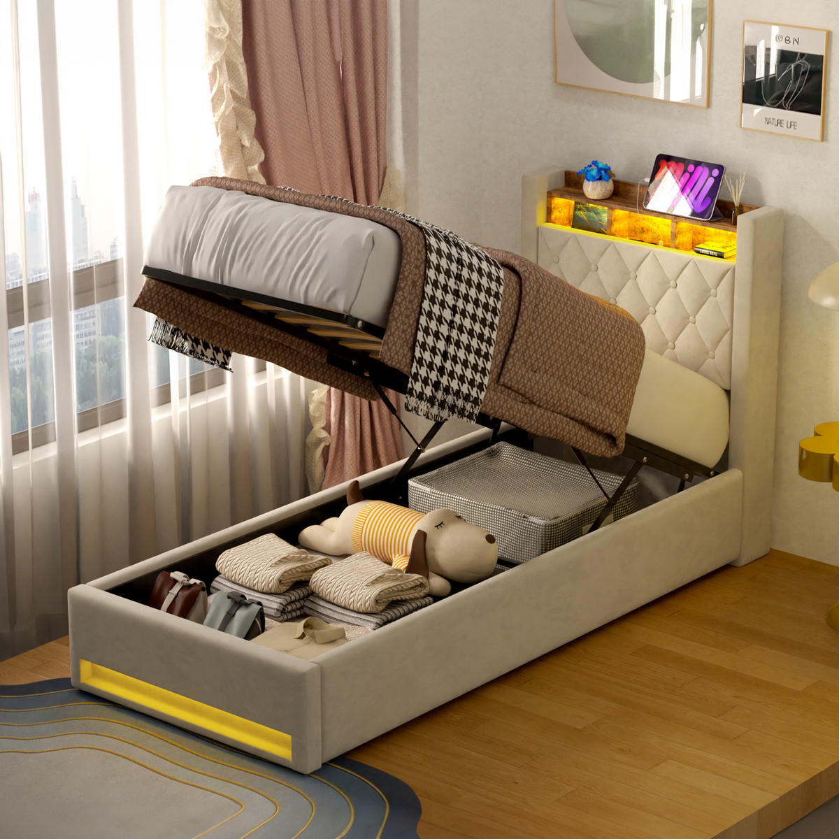 POLSTERBETT 90/190 cm Beige mit LED-Lichtleiste und USB-Anschlüssen - Beige, Holzwerkstoff (90/190cm) - OKWISH