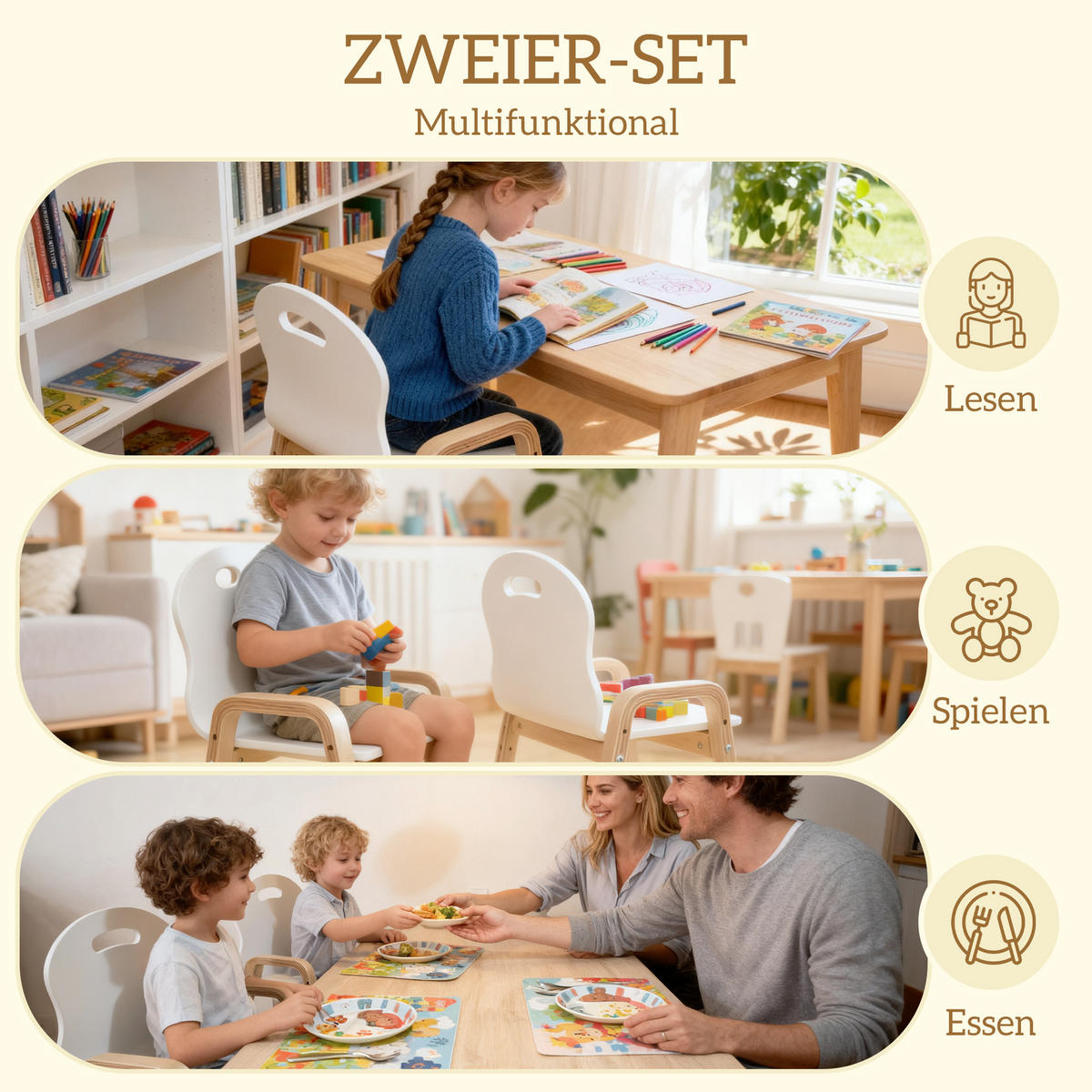 KINDERSTUHL aus Holz Höhenverstellbar mit Armlehne 2er Set - Birkefarben/Weiß, Holz/Birkenholz (34/61.5/39cm) - AIYAPLAY