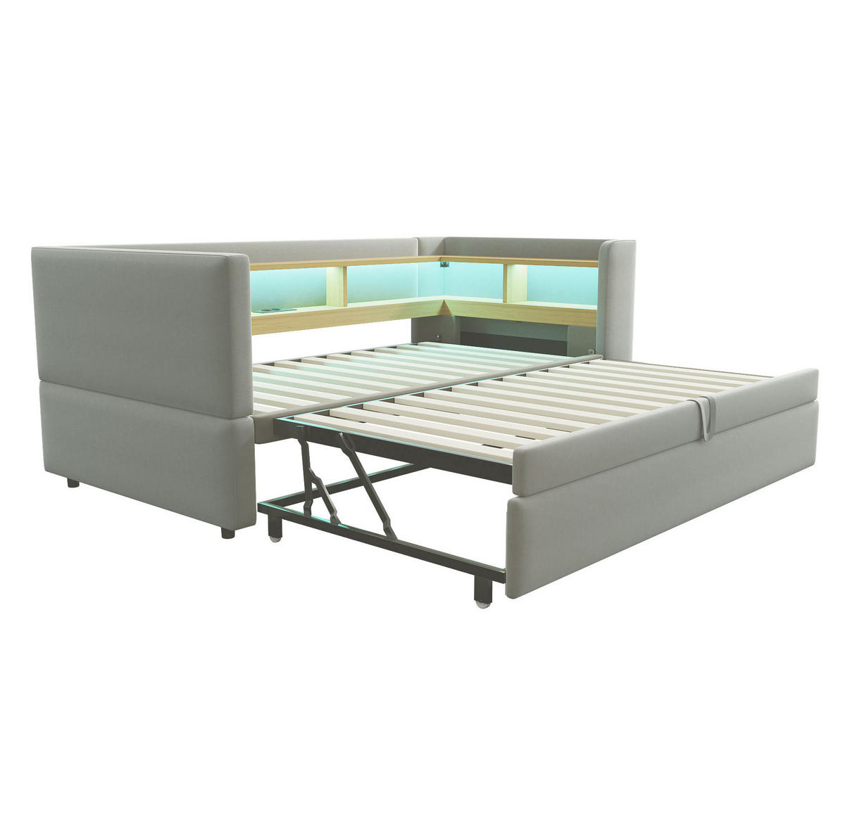 POLSTERBETT 90/180 cm hellgrau aus Flanell mit LED-Beleuchtung und Steckdosen - Hellgrau, Textil (90/190cm) - OKMYHOME