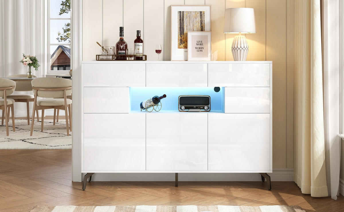 SIDEBOARD 140/30/82 cm aus MDF mit LED-Beleuchtung und Hochglanzfronten Weiß - Weiß, Holzwerkstoff (140/94/30cm) - Modenvie