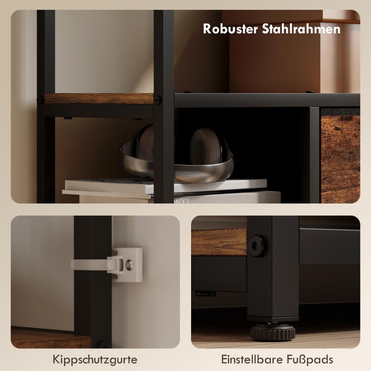 BÜCHERREGAL 72,5/30/150 cm mit 9 offenen Fächern und 2 Stoffschubladen - Braun, Holzwerkstoff (72.5/150/30cm) - BEAOK