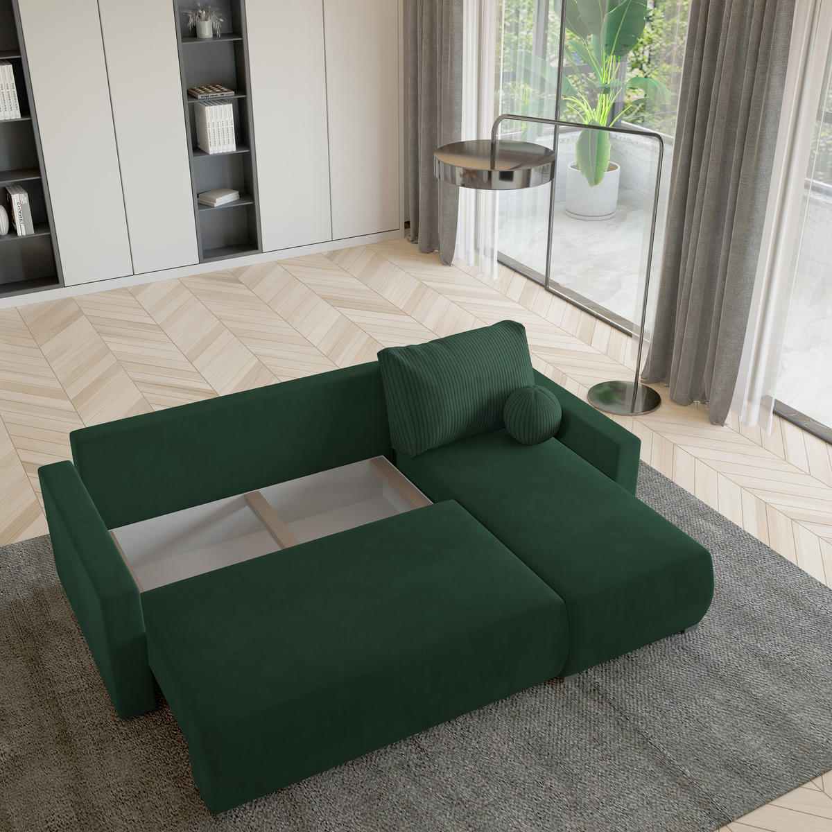 ECKSOFA SORGE Grün Plüsch-Stoff mit Schlaffunktion - Grün, Holz (220/143cm) - MASSENO