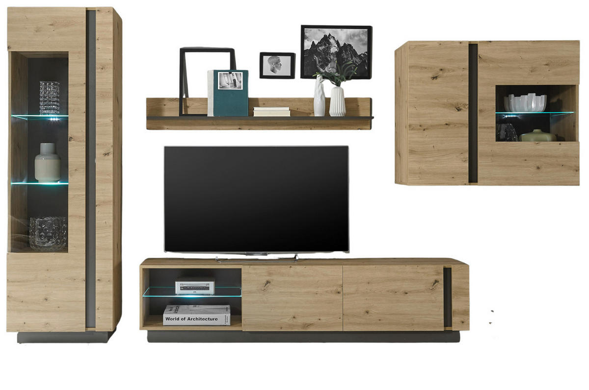 WOHNWAND Eiche Artisan, Graphit grau 4-teilig 315 cm, Schrankwand mit Soft-Close - Eiche Artisan/Grau, Glas/Holz (315/194/40cm) - Furn.Design