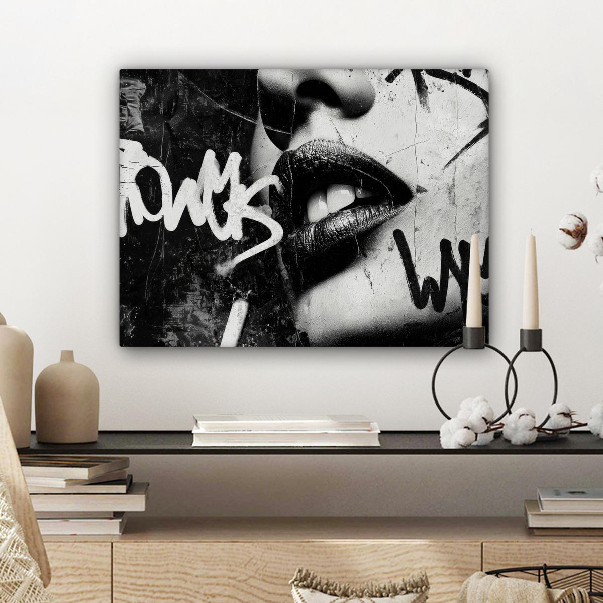 LEINWANDBILD Gesicht - Mund - Graffiti - Schwarz Wandbild 40x30 cm - Schwarz, Textil (40/30cm) - MuchoWow
