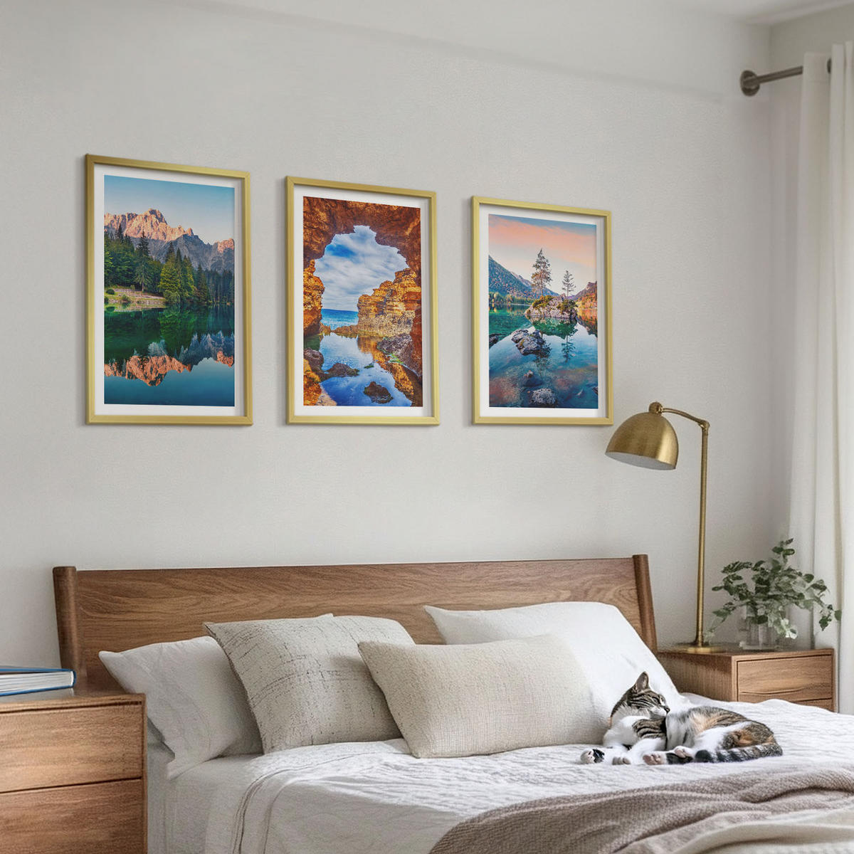 WANDBILDER 3er Set - 40x60 cm Goldrahmen - Spiegelungen der Felsen in Bergseen - Goldfarben, Kunststoff (40/60cm) - ArtPrintCave