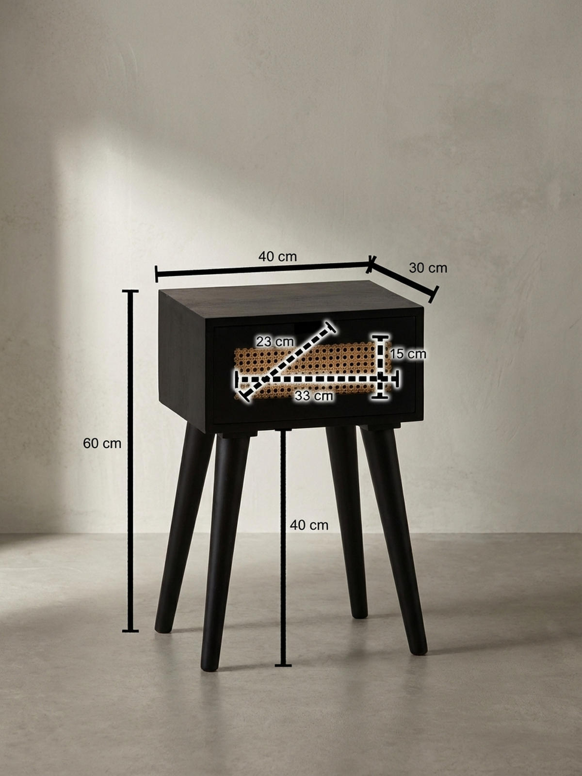 NACHTTISCH – Mango Massivholz/Rattan, 40x60x30 cm, Schwarz, 1 Schublade, Wiener Geflecht - Schwarz, Holz (40/60/30cm) - KADIMA DESIGN