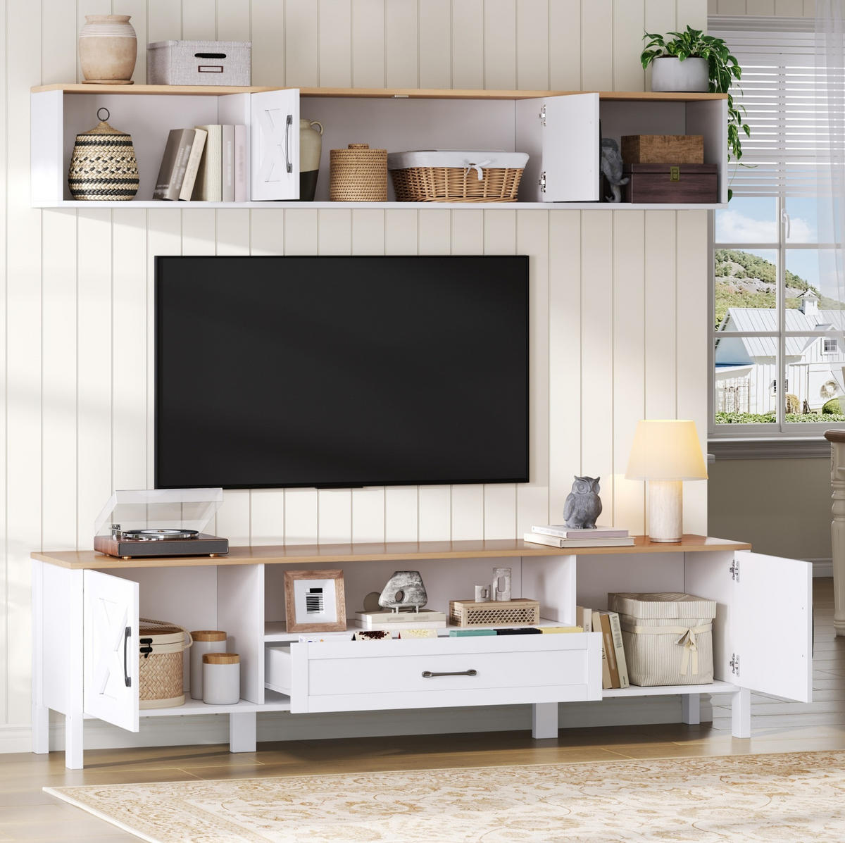 TV set za dnevni boravak 180/40/50 cm bijeli od MDF-a s visećom vitrinom i 4 ormarića - bijela, drvni materijal (180/50/40cm) - OKWISH