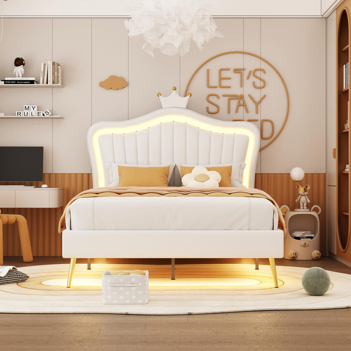 KINDERBETT 90/200 cm mit Krone und LED-Beleuchtung aus Kunstleder - Weiß, Textil (90/200cm) - OKWISH