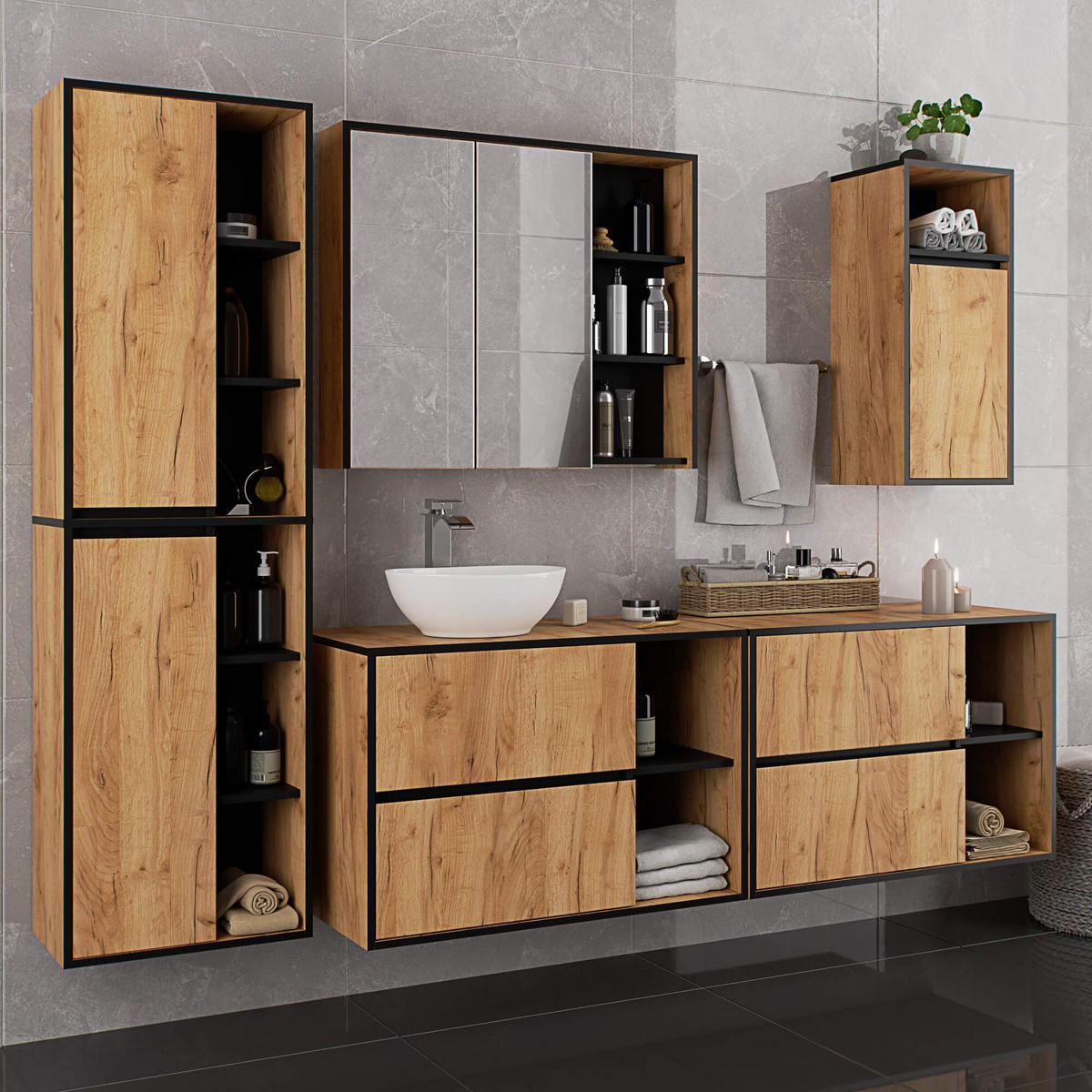 BAD HOCHSCHRANK Vami Craft-Eichenfarben, Schwarz - Eichefarben/Schwarz, Holzwerkstoff (50/170/30cm) - Akord