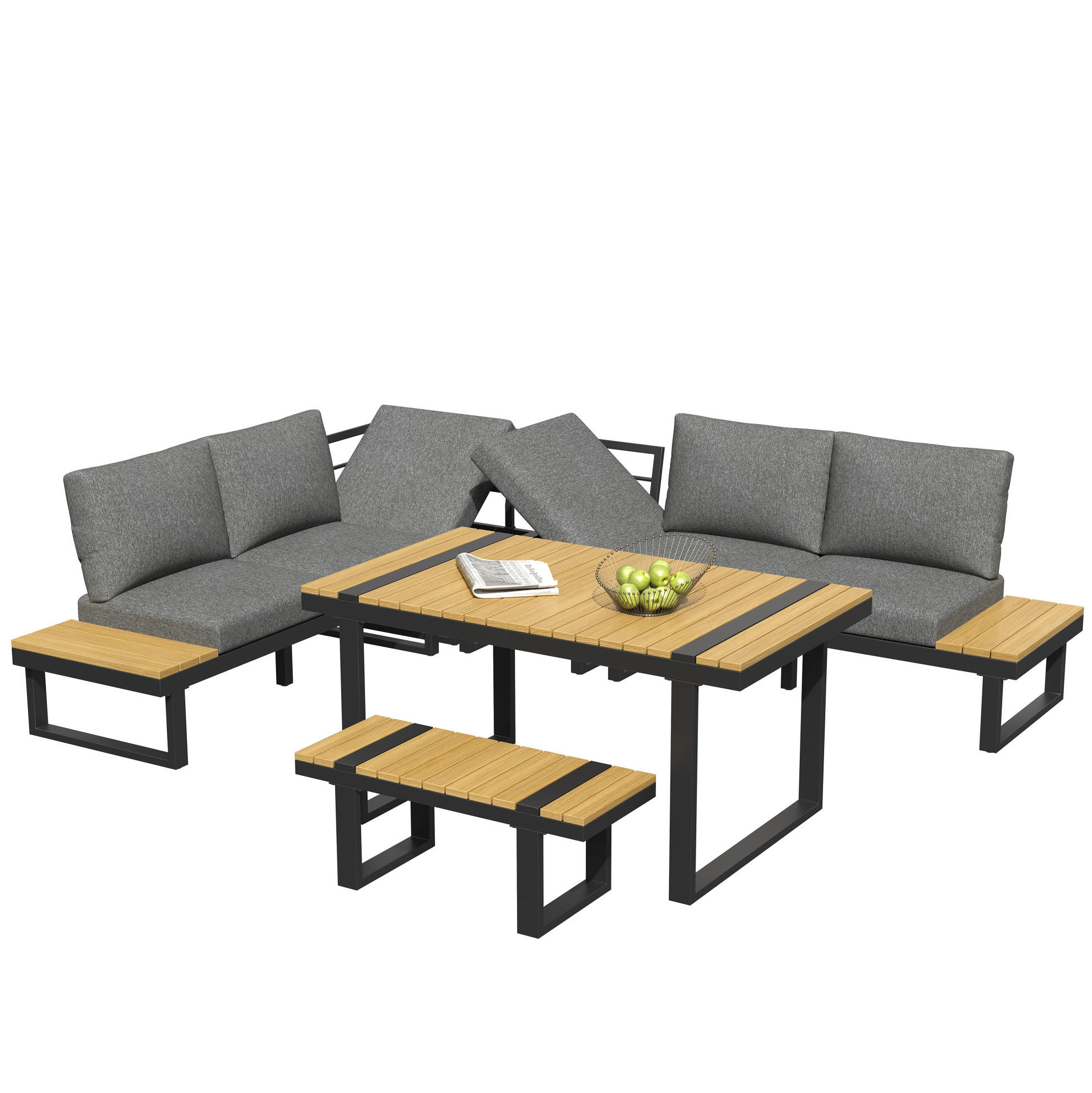 GARTEN-ESSGRUPPE mit verstellbarer Neigefunktion, 6-Sitzer Ecklounge im Industrial-Stil, Schwarz/Grau - Grau, Metall - Redom